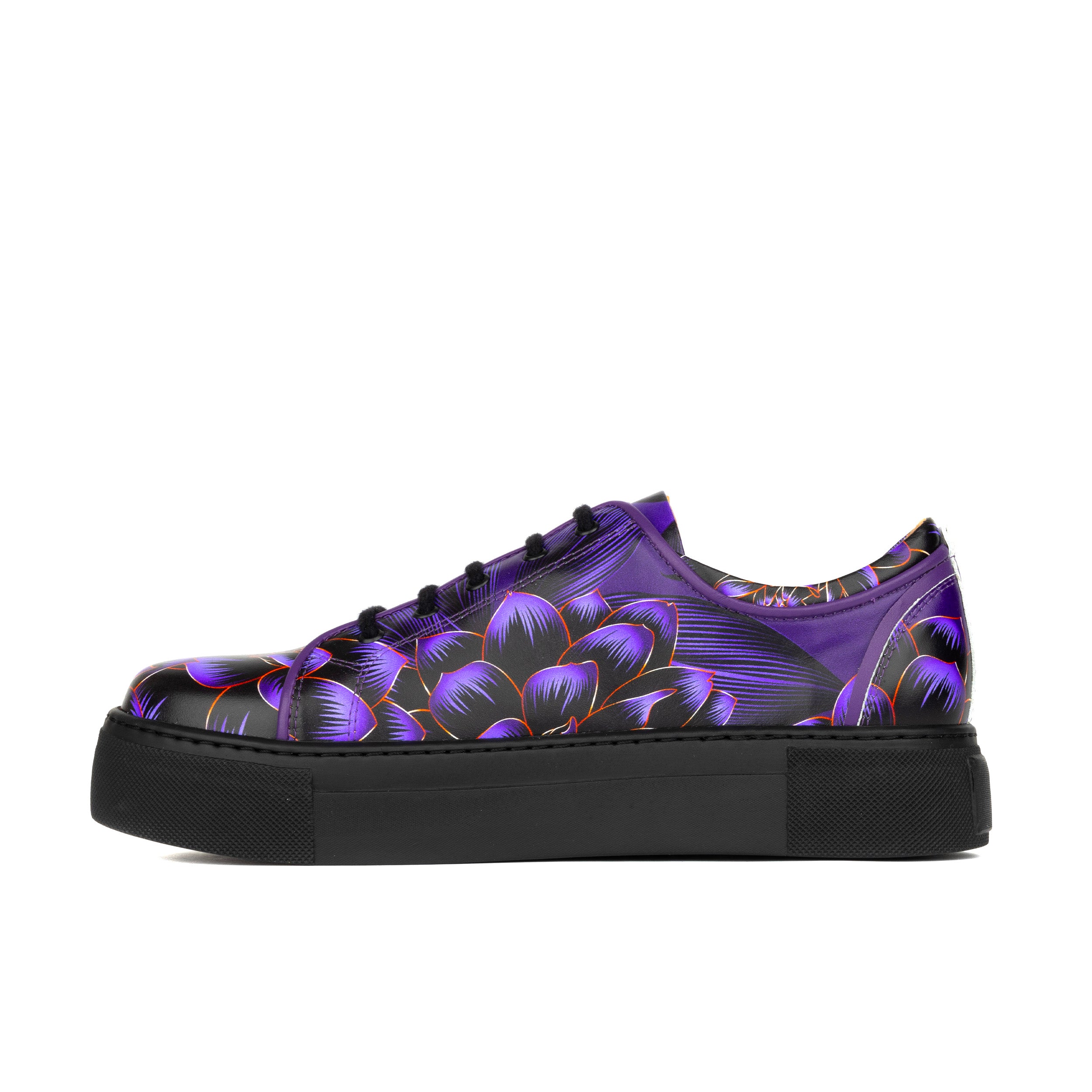 Camila - Purple Flower - Women's black sole leather trainer with padded insoles