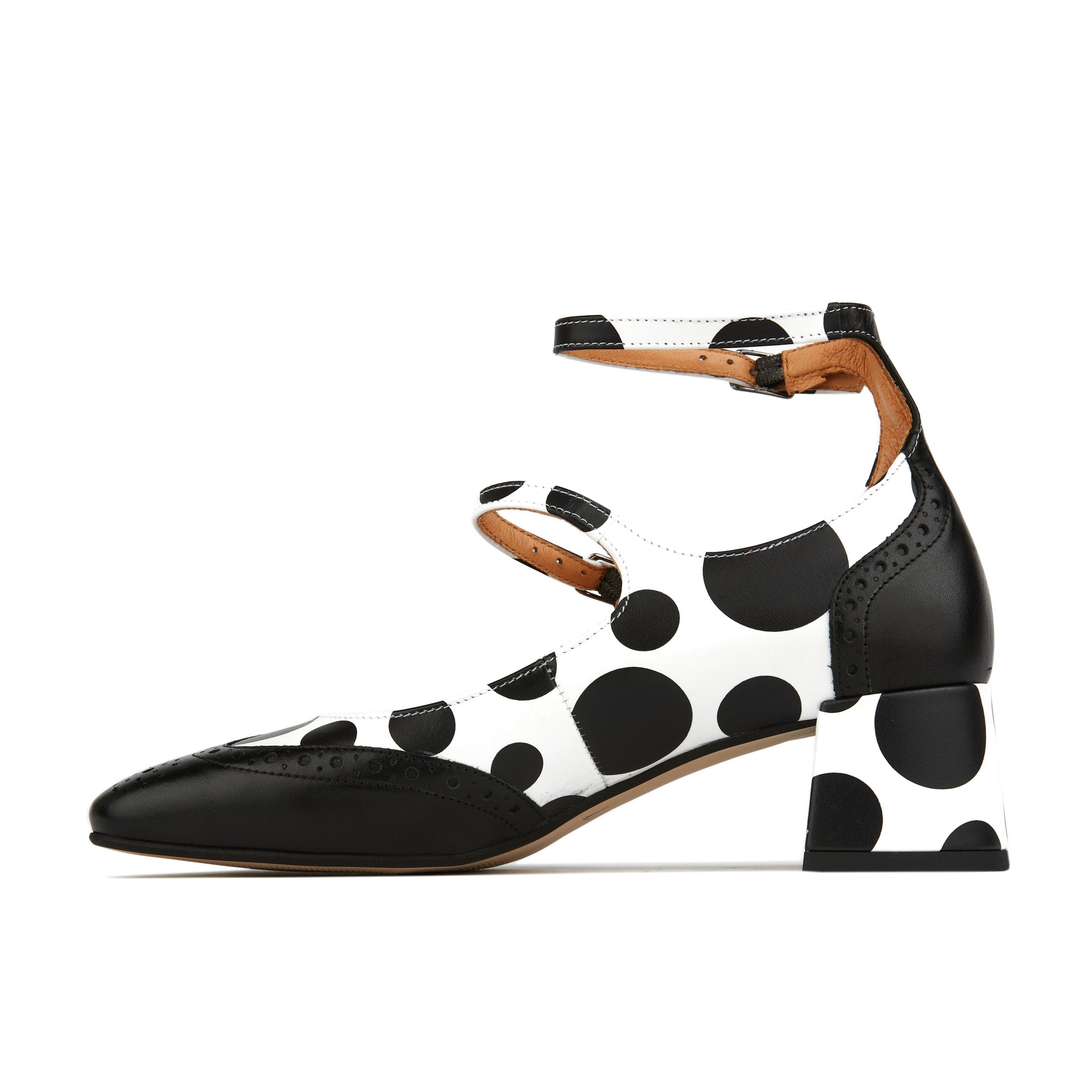 Mary Jane - Polka - Women's block heel square toe heel in white & black polka