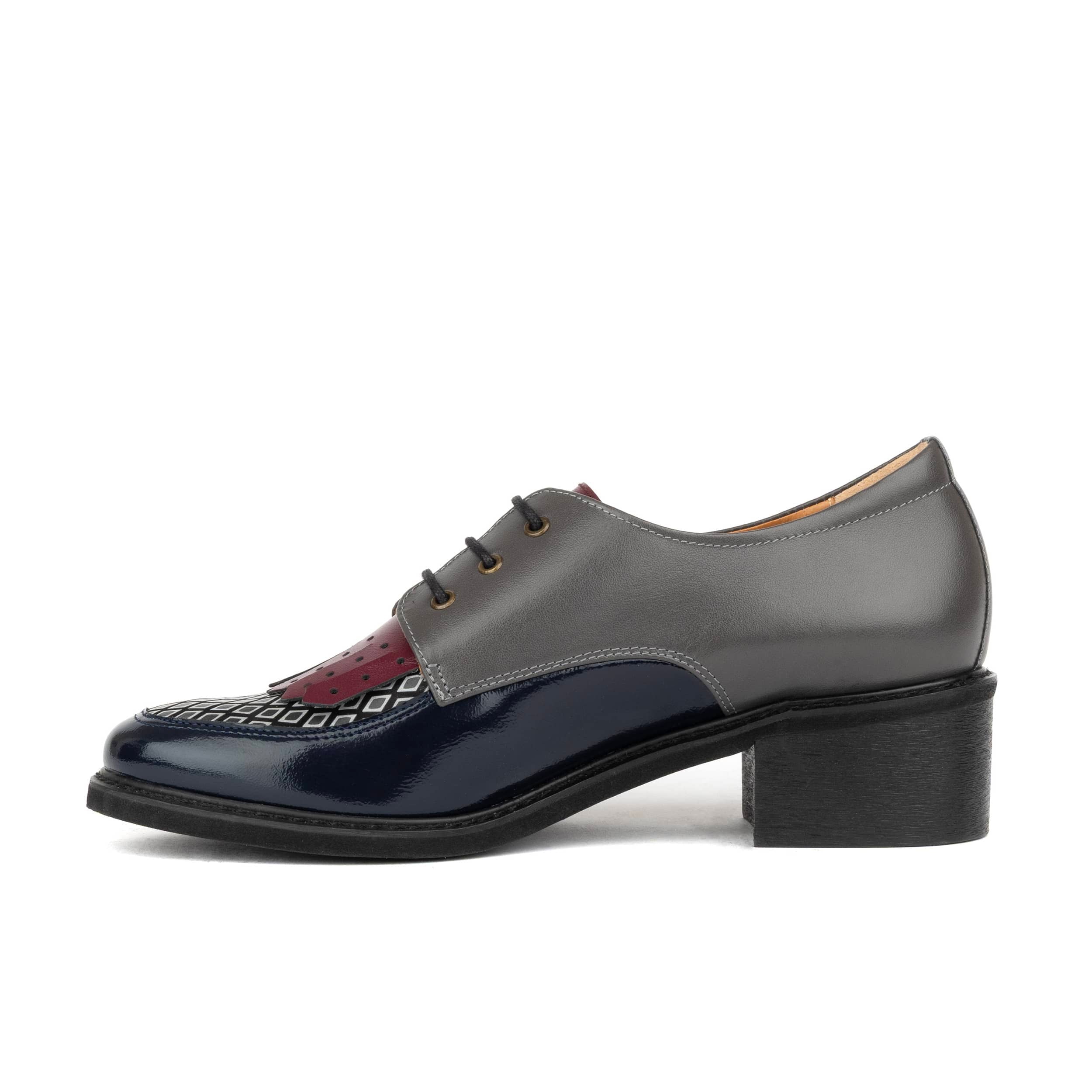 Retro Tone - Burgundy & Navy & Grey - Women's leather lace-up with signature kiltie detail