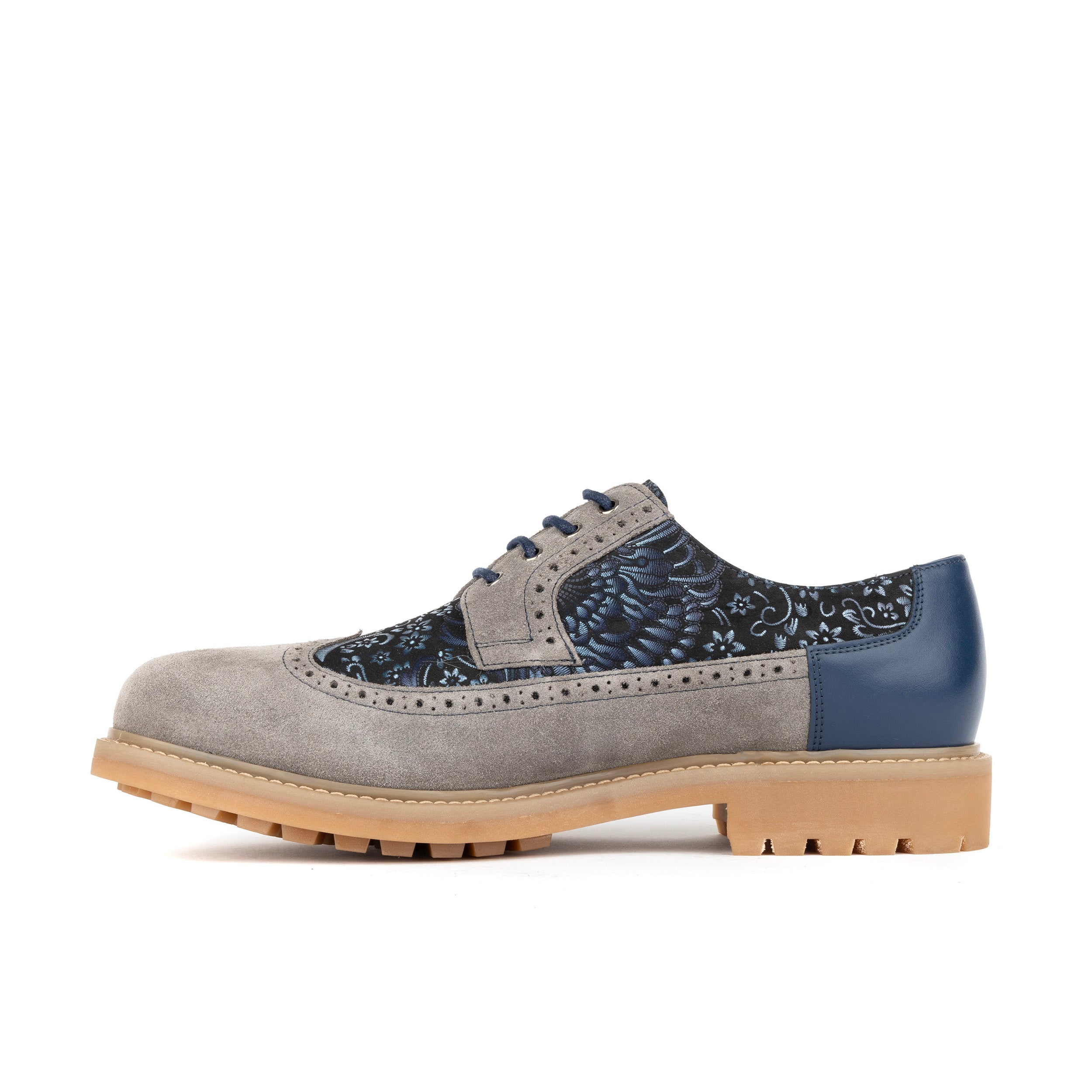 Cyclone - Grey, Blue & Silver Paisley - Men's Chunky Sole Leather & Suede Shoe with Paisley Print