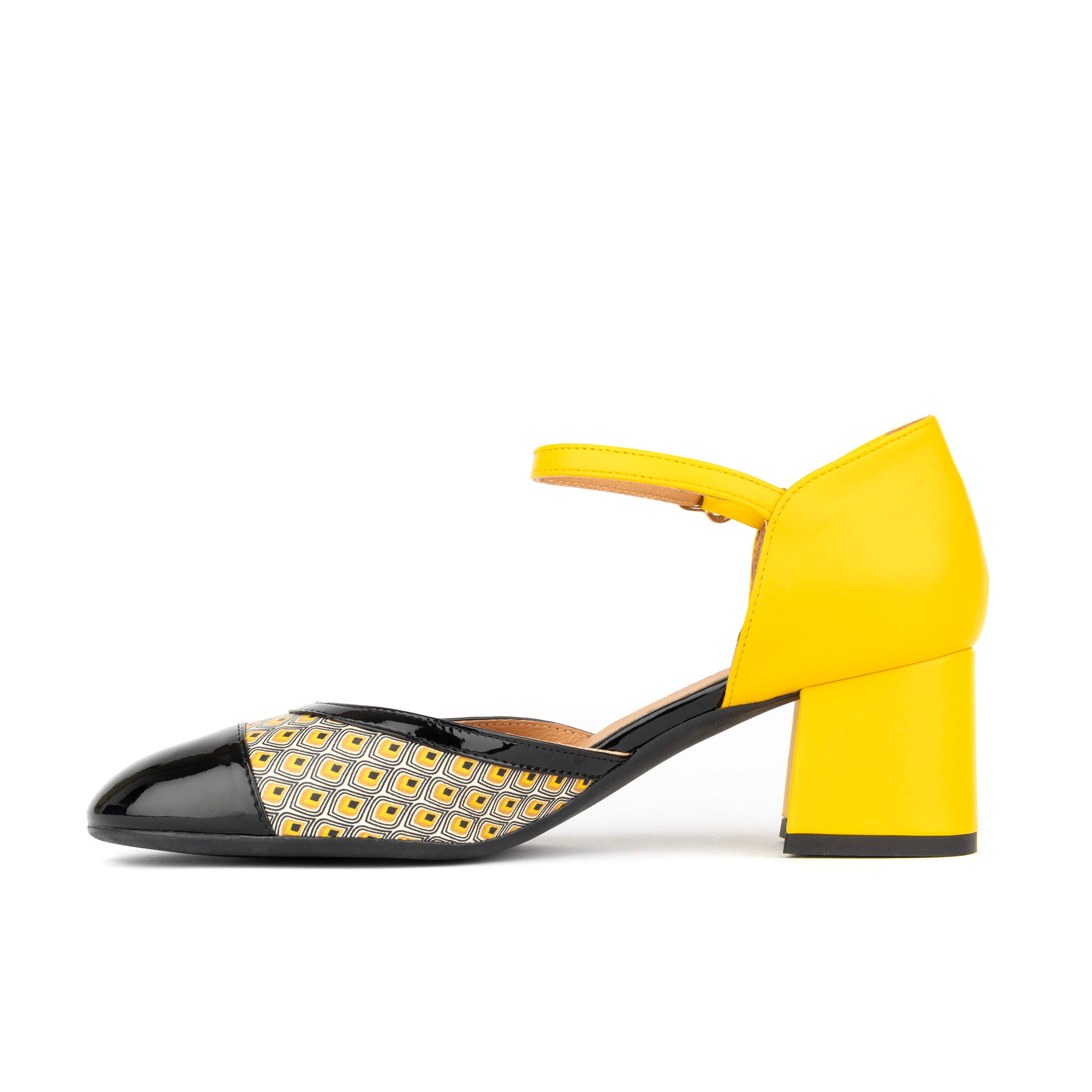 Kemi - Black & Yellow - Women's Leather Almond-Toe Block Heel
