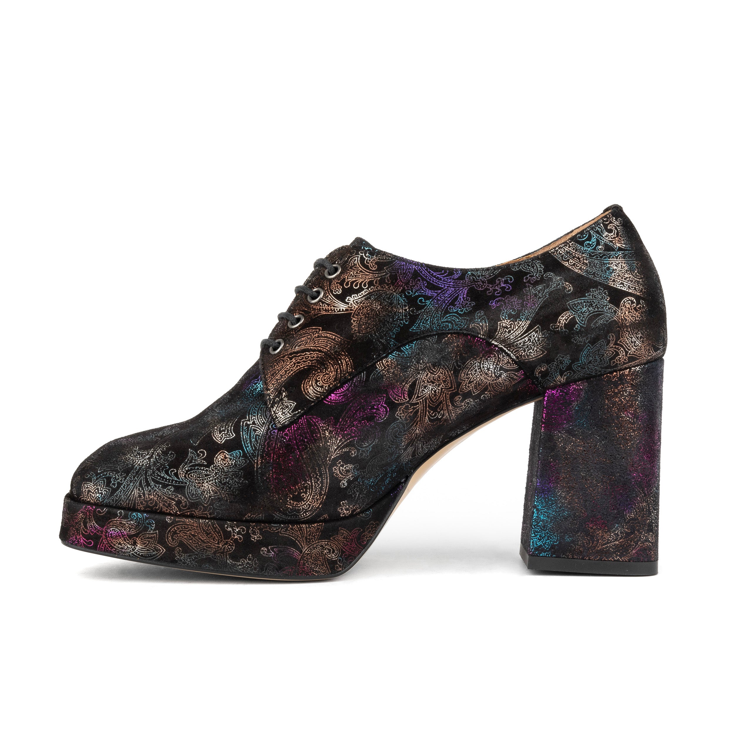 Roulette Platform - Black Foil - Women's leather oxford pump with platform and block heel
