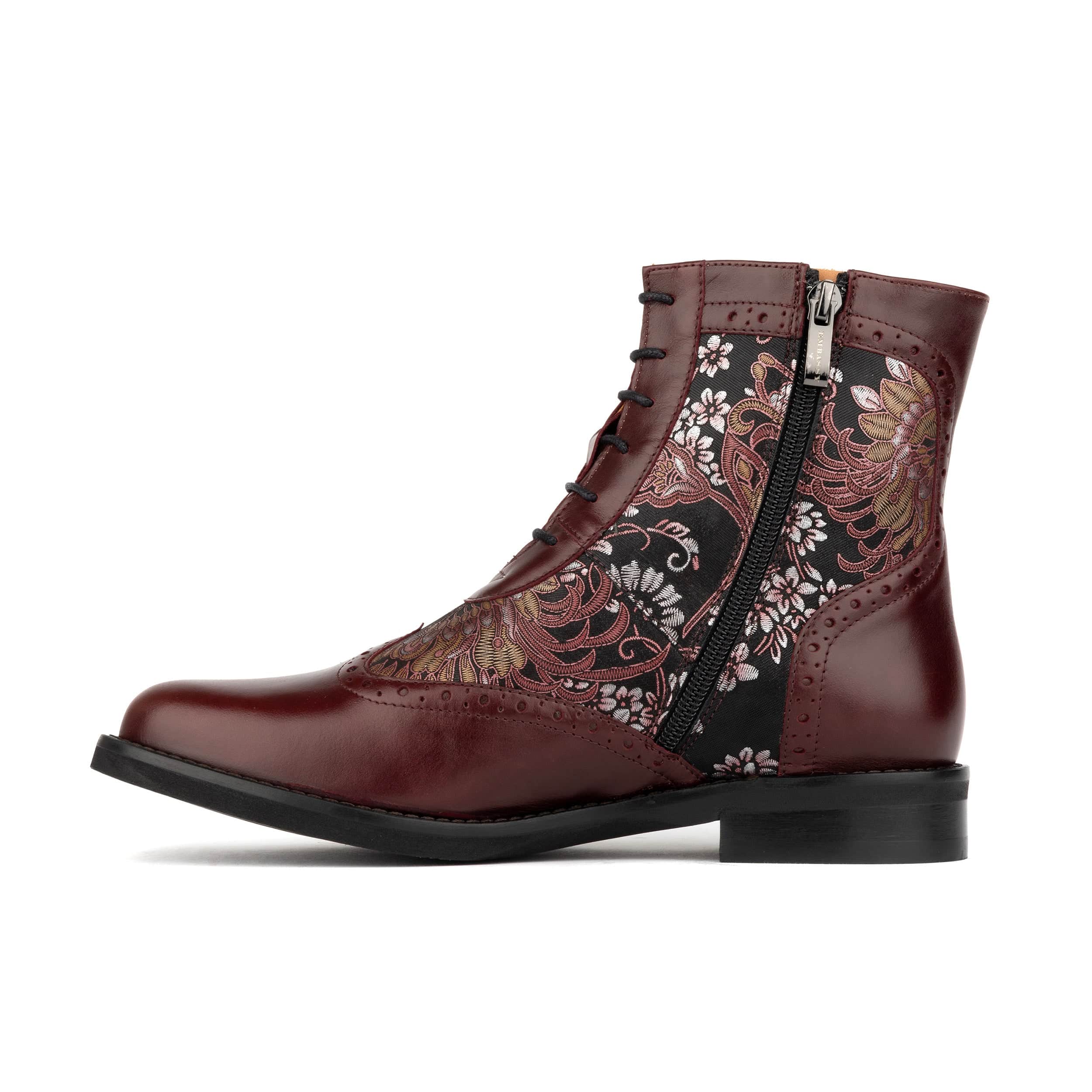 Mantis - Floral & Burgundy - Women's above-the-ankle lace-up boot with brogue & paisley detailing