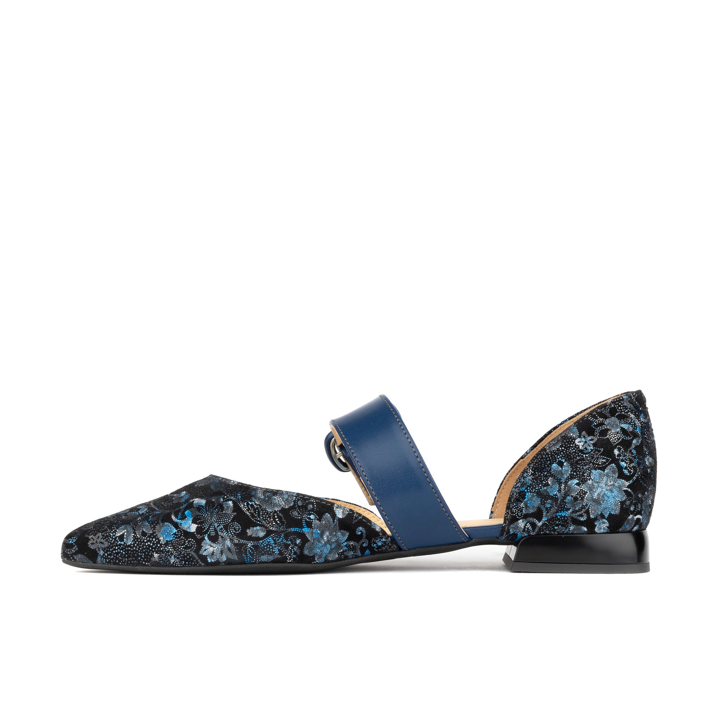 Lush - Navy & Floral - Women's leather pointed ballet pump with buckle strap