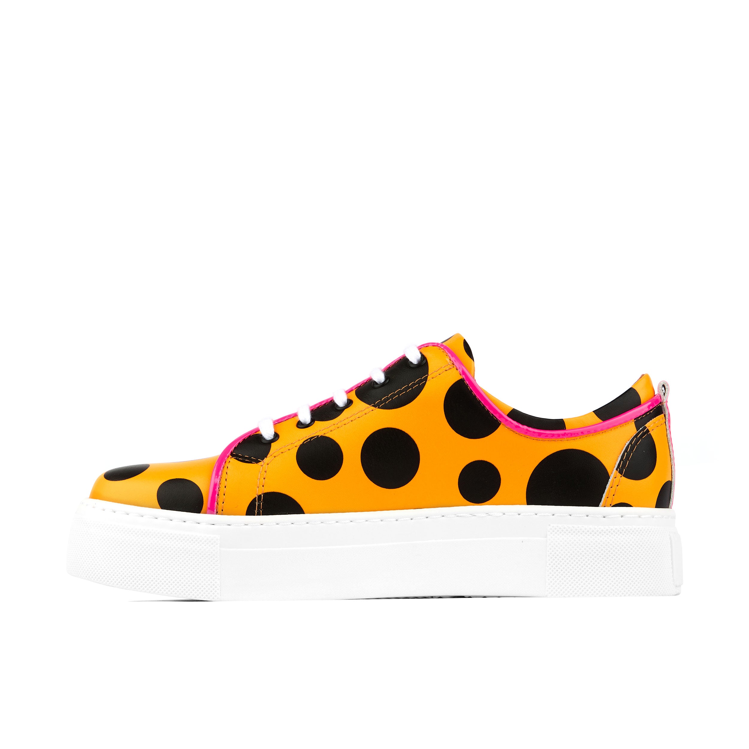 Camila - Orange Polka - Women's white platform sole leather trainer in polka dots