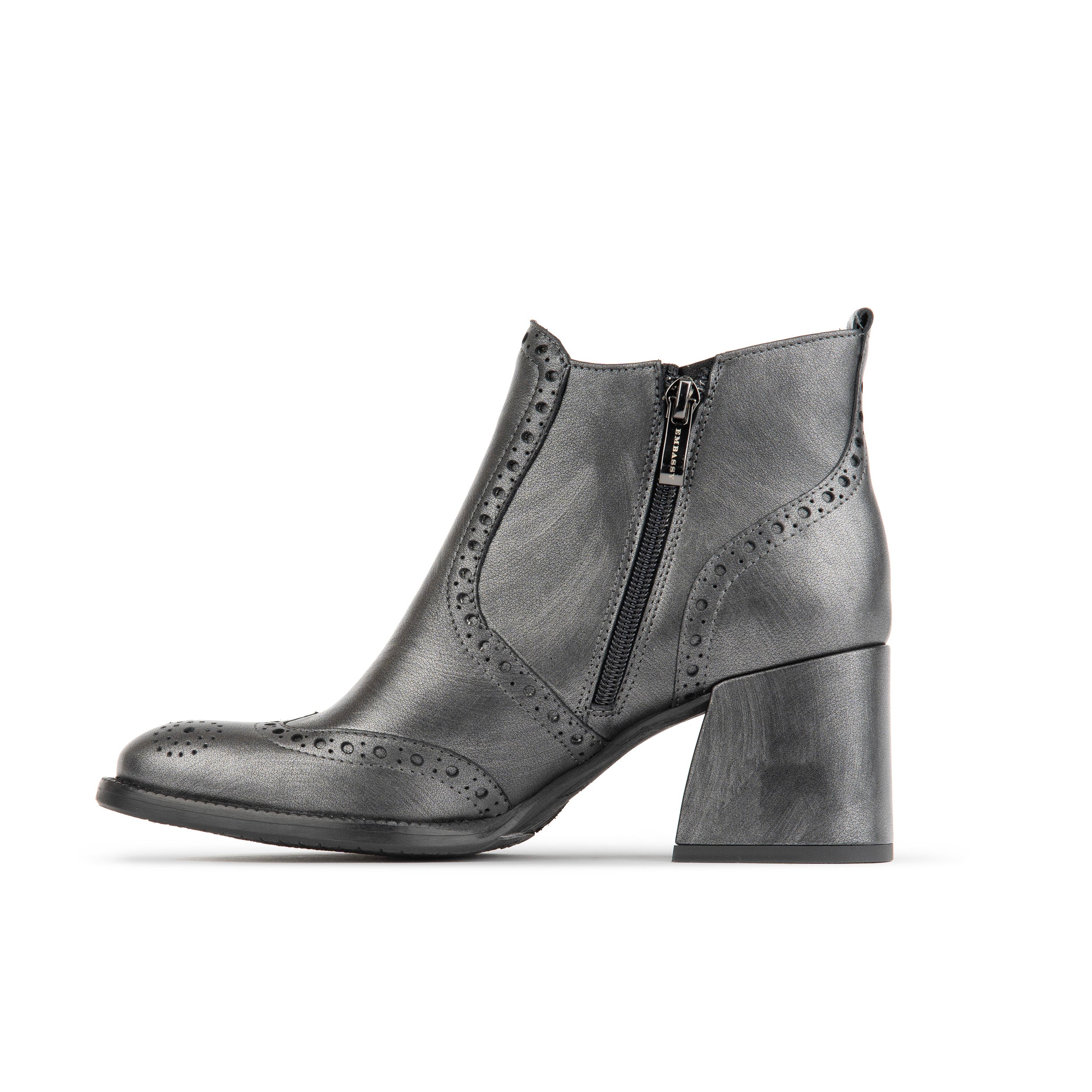 Chloe Low - Black Silver - Women's block heel ankle leather boot with brogue details