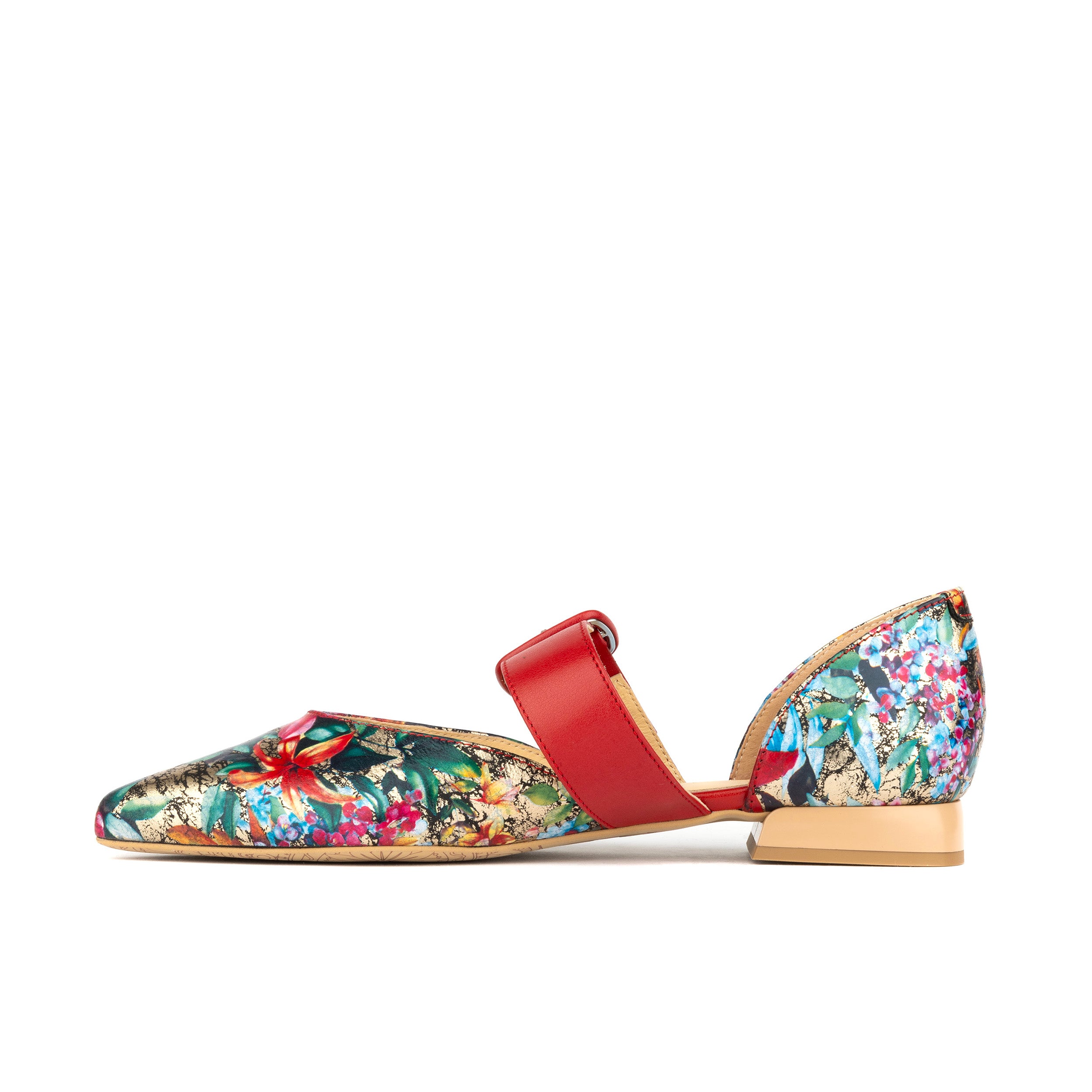 Lush - Red & Floral - Women's leather pointed ballet pump with buckle strap