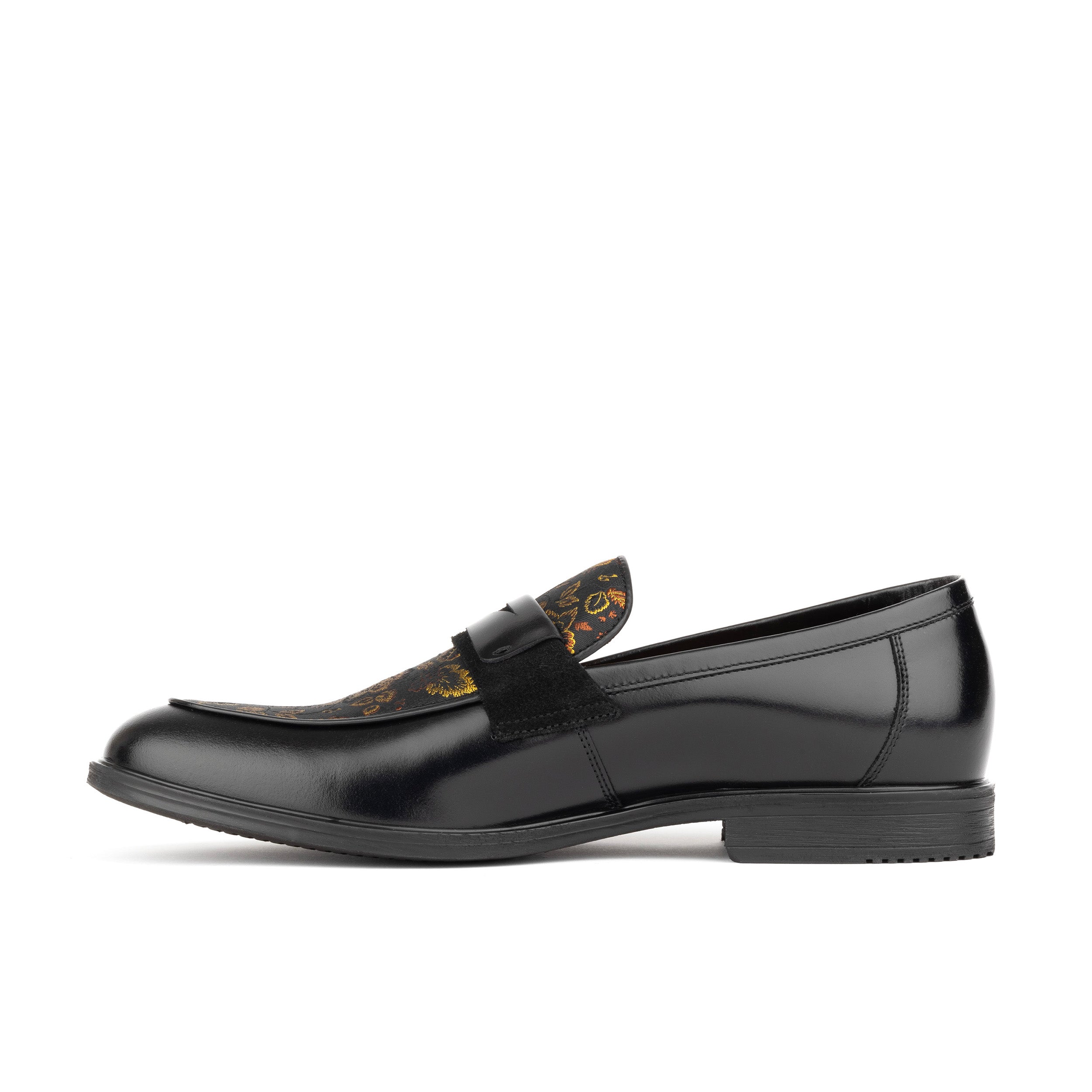 Gosselin - Black & Yellow Flowers - Men's leather loafer with jaquard details