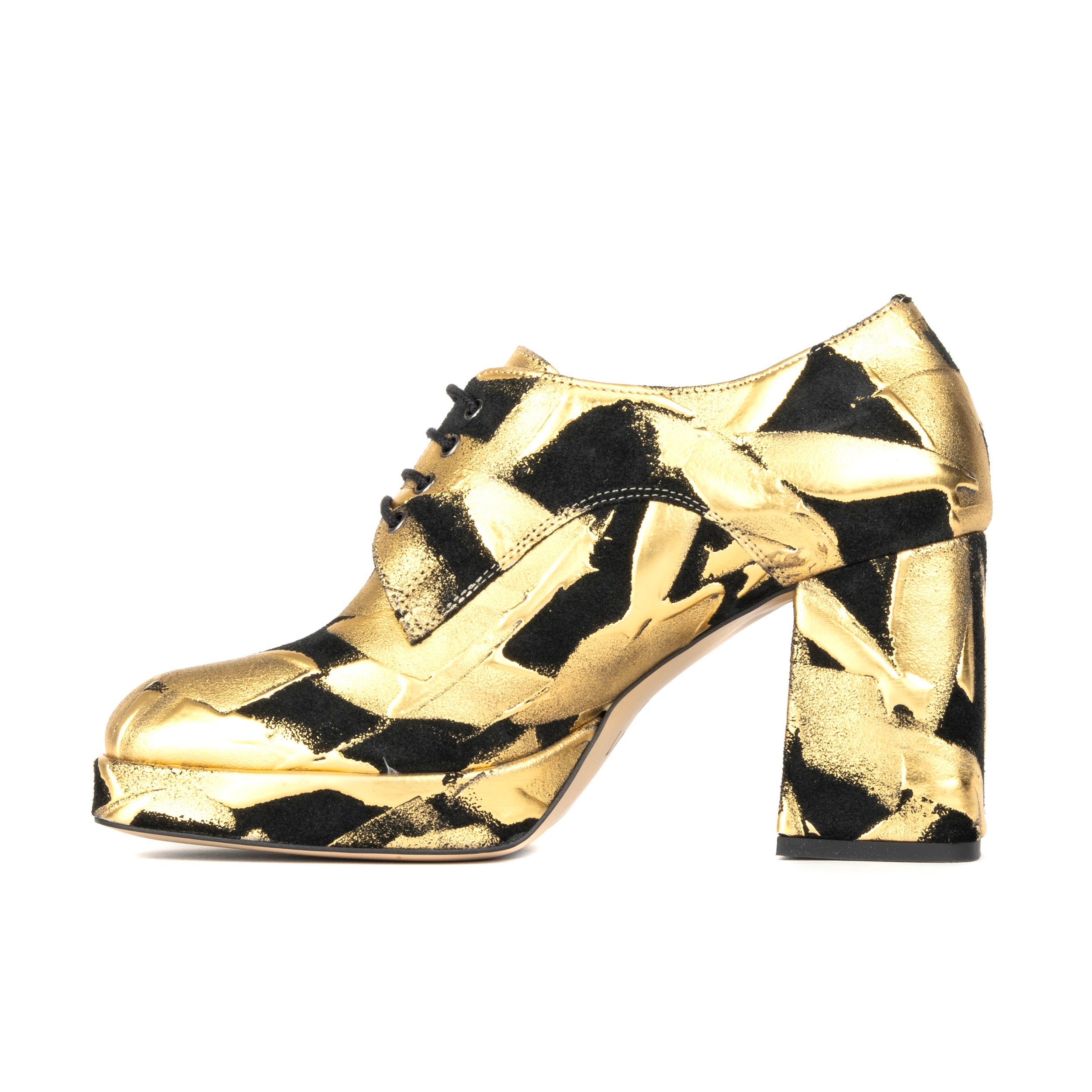 Roulette Platform - Gold - Women's leather oxford pump with platform and block heel