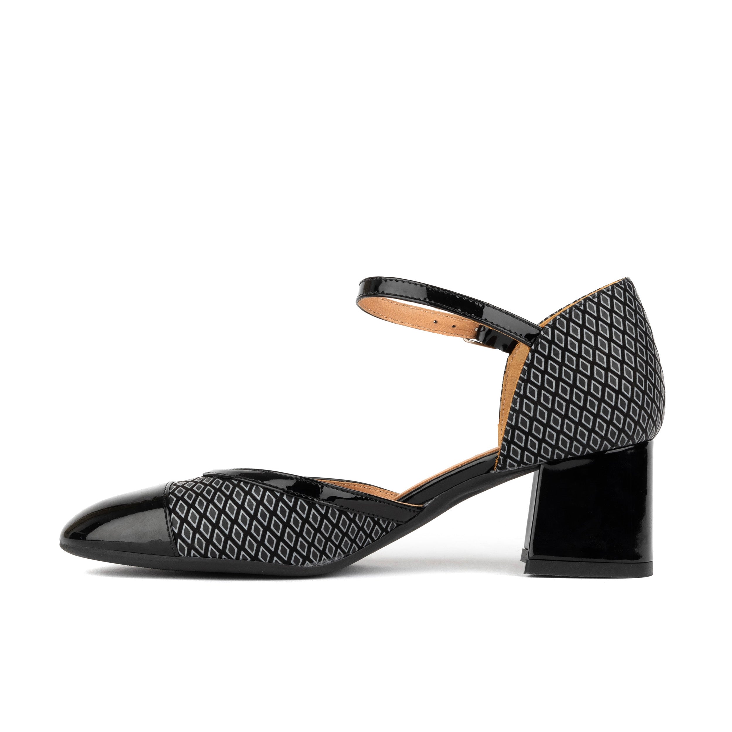 Kemi -  Black & Grey Diamonds - Women's Leather Almond-Toe Block Heel