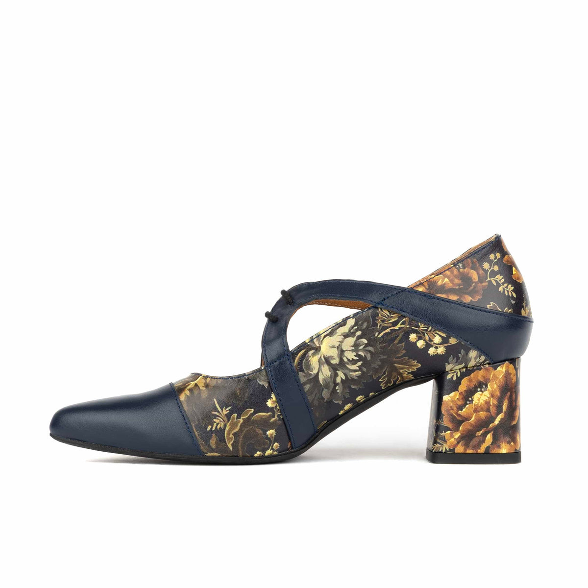 Harlowe High - Navy & Autumn Bloom - Women's leather block heel pumps
