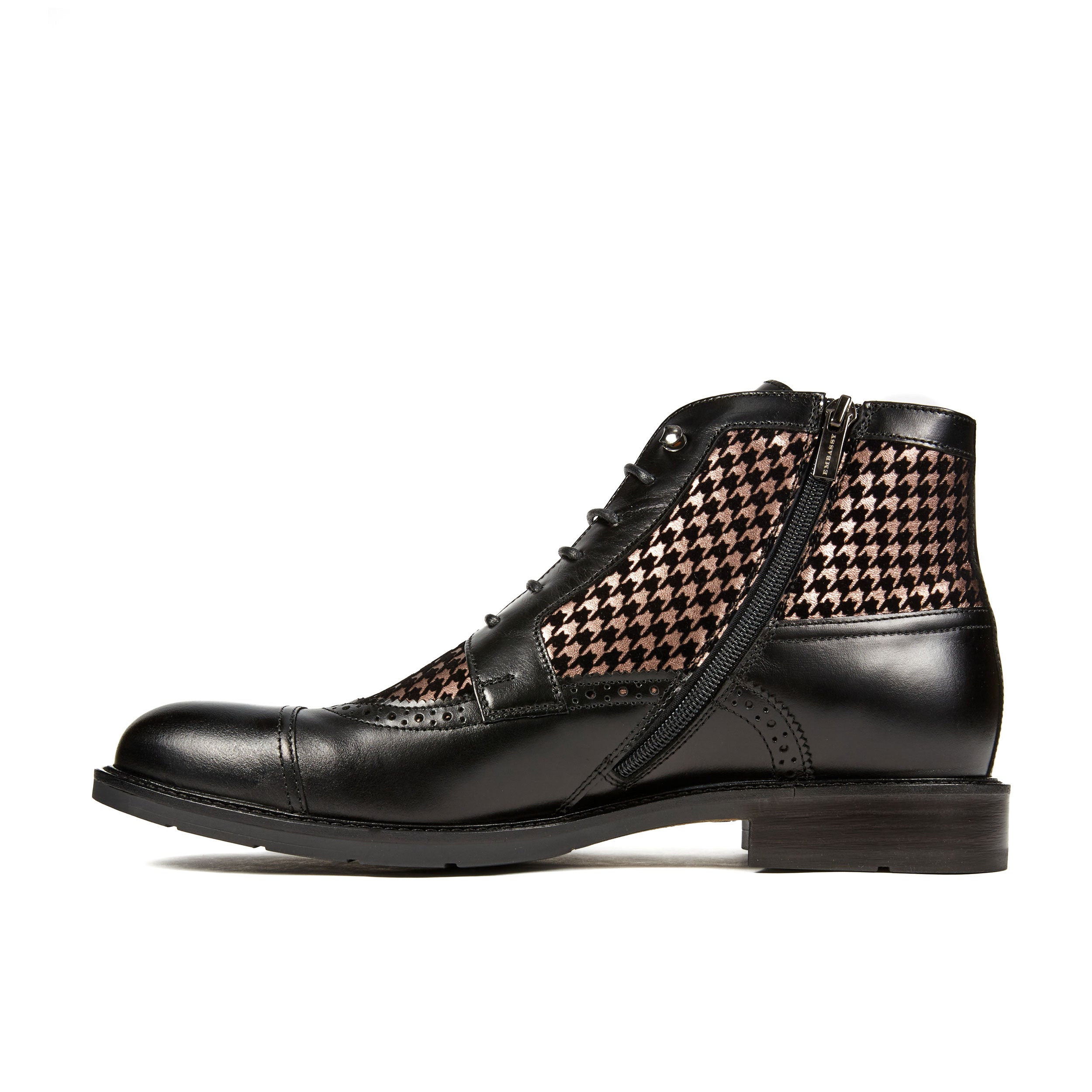 Charles - Houndstooth - Men's leather toe cap dressy boot in black and houndstooth