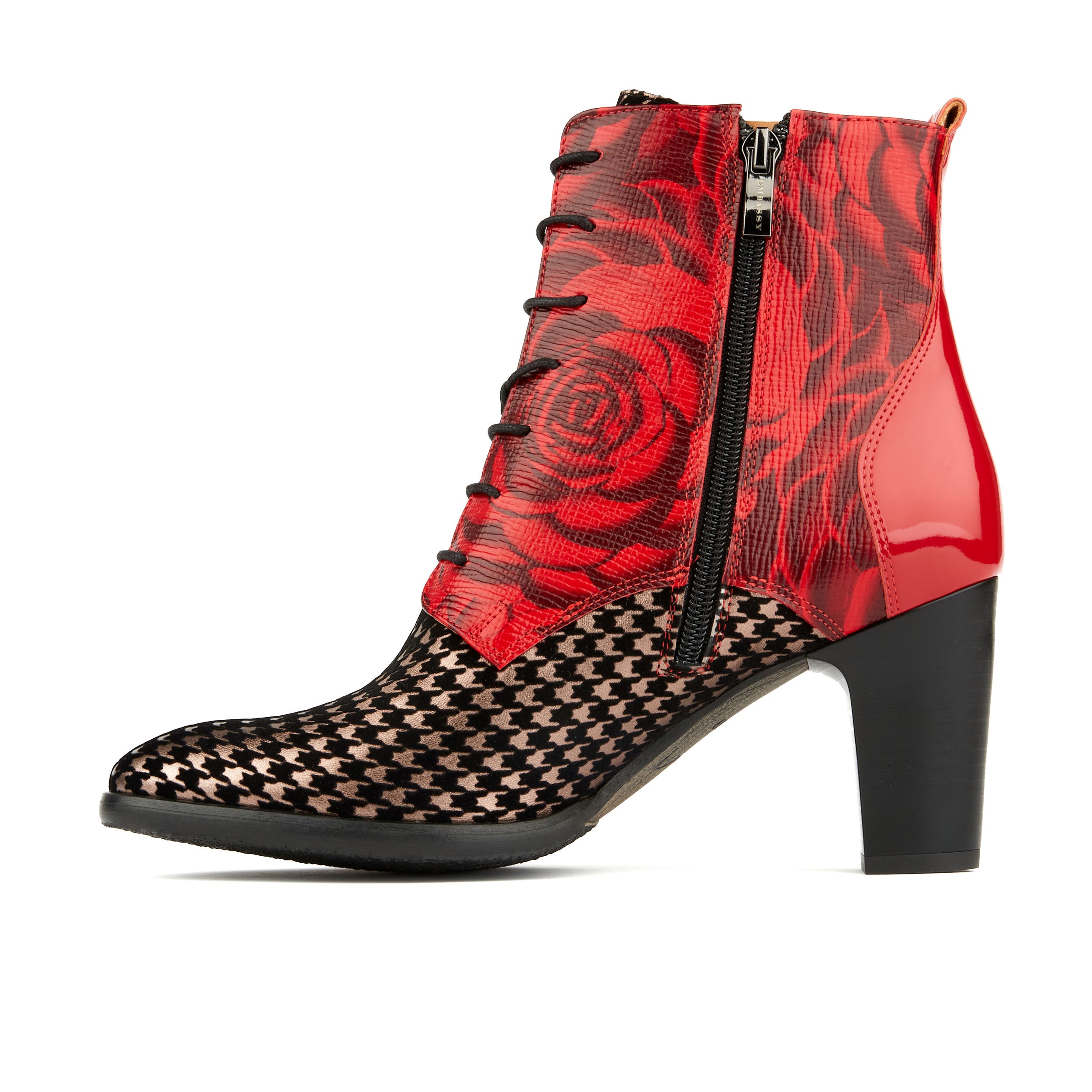 Merlin - Red Houndstooth - Women's block heel higher ankle leather boot in houndstooth