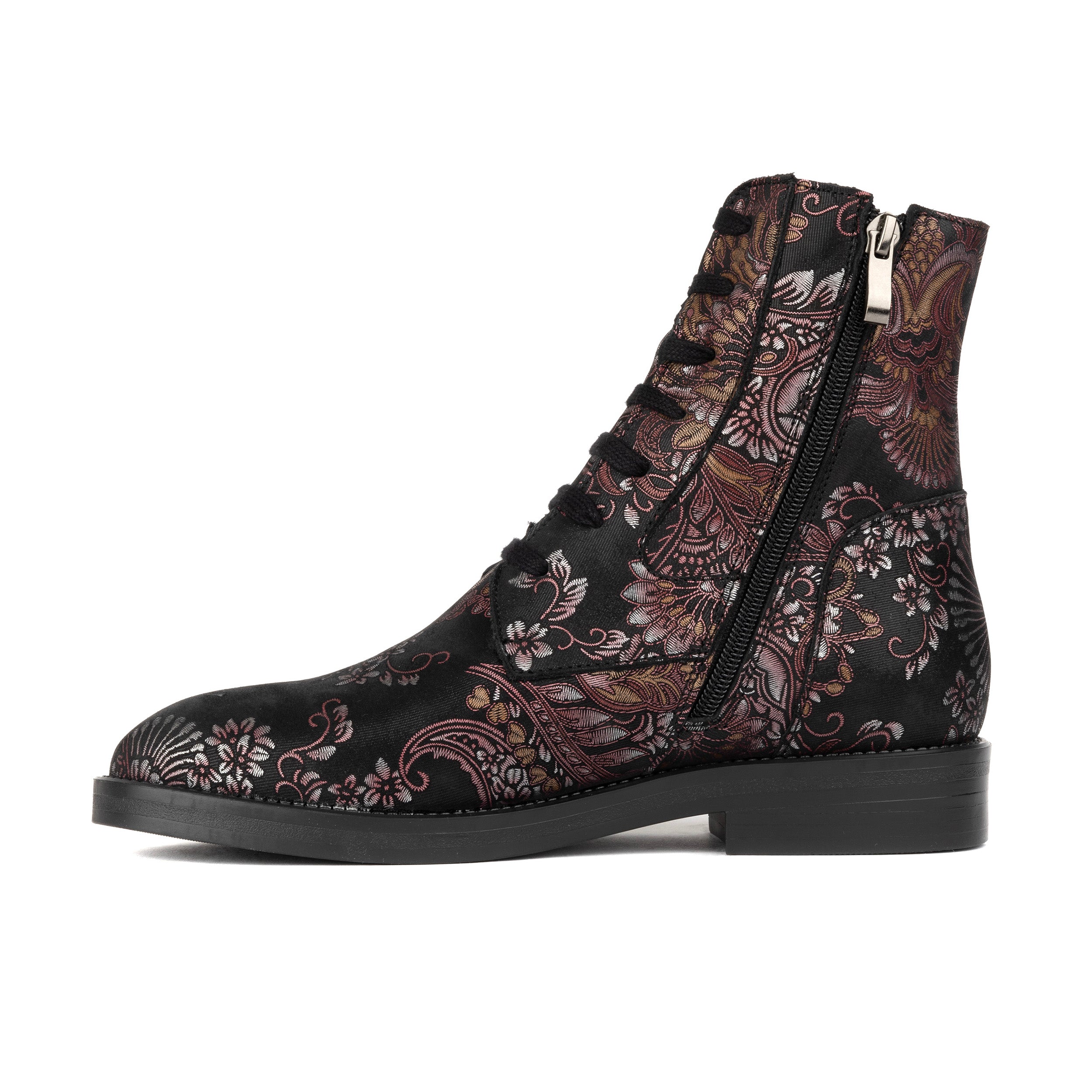 Didi Wool - Black & Burgundy - Women's leather lace-up and zip-up round toe combat boot