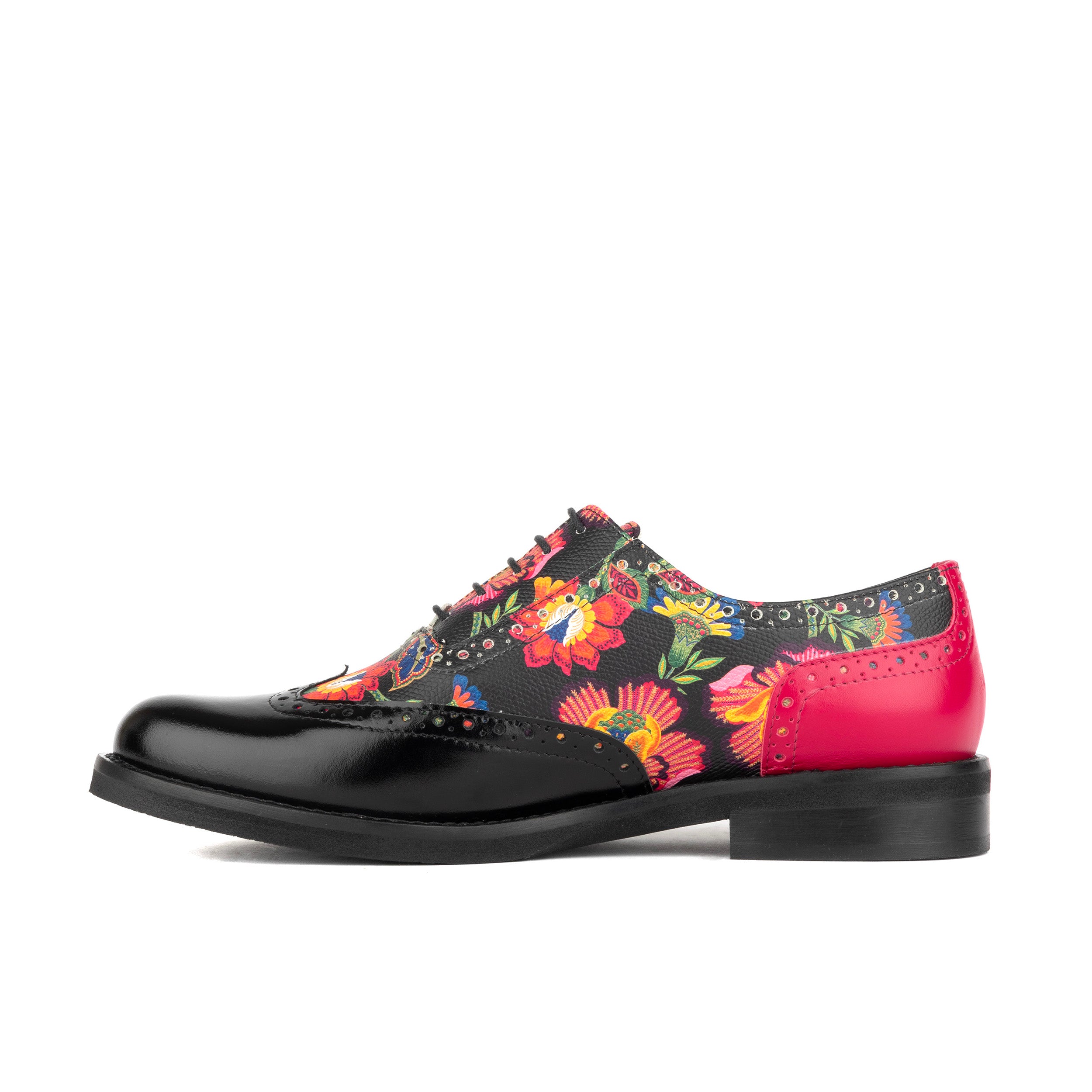 Vivienne - Black & Red Flowers - Women's oxford lace-up shoe with brogue details