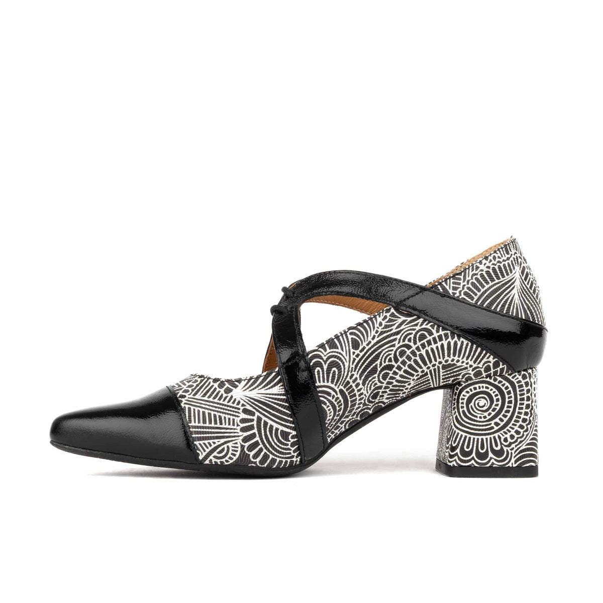 Harlowe High - Black & White & Graphic Print - Women's leather block heel pumps