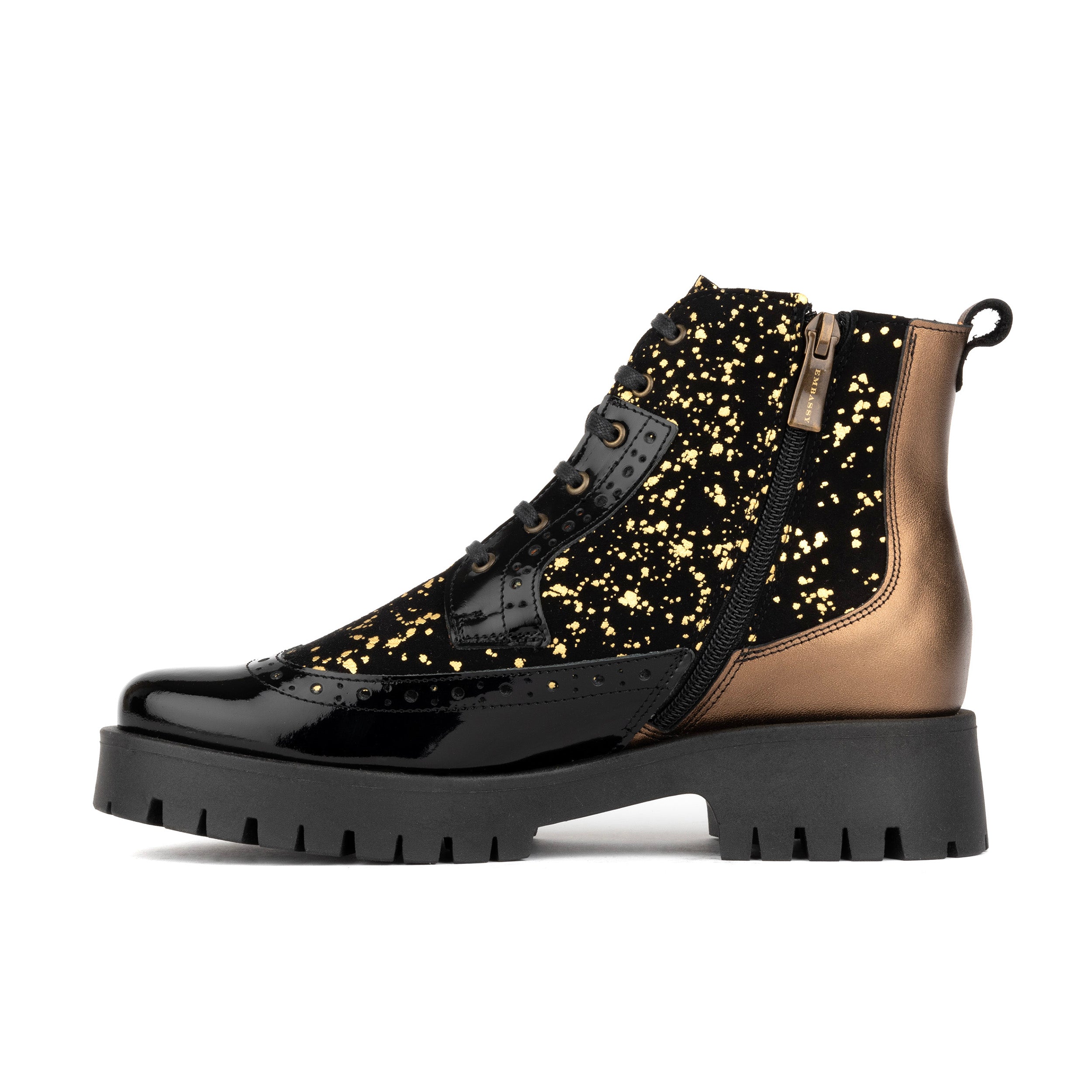 Hatter Platform - Drops - Women's ankle boot in golden paint drops on black leather