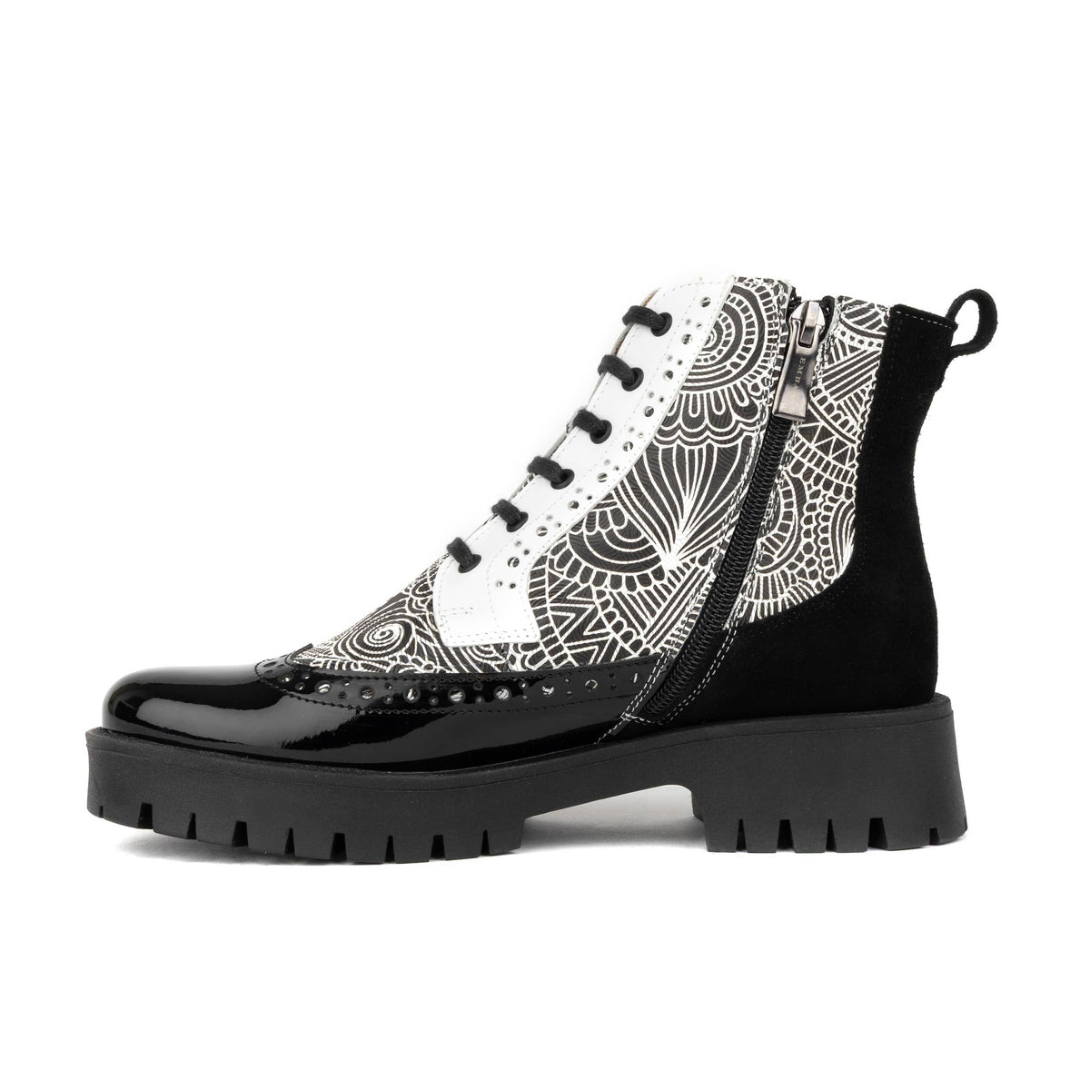 Hatter Platform - Black & White & Graphic Print - Women's Leather ankle Lace-up Boot with chunky cleated sole