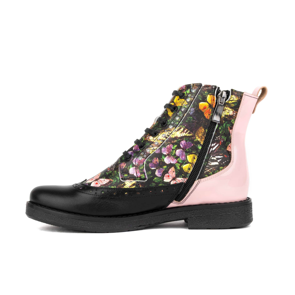 Hatter - Pink & Butterfly - Women's Leather Ankle Lace-up Boot