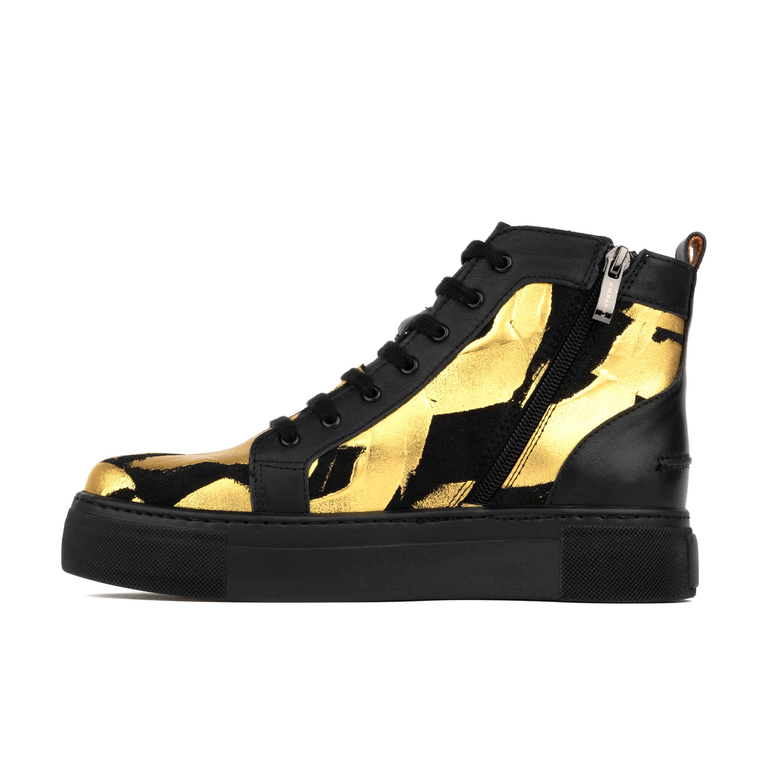 Camila High - Gold Black - Women's black chunky sole high top leather trainer