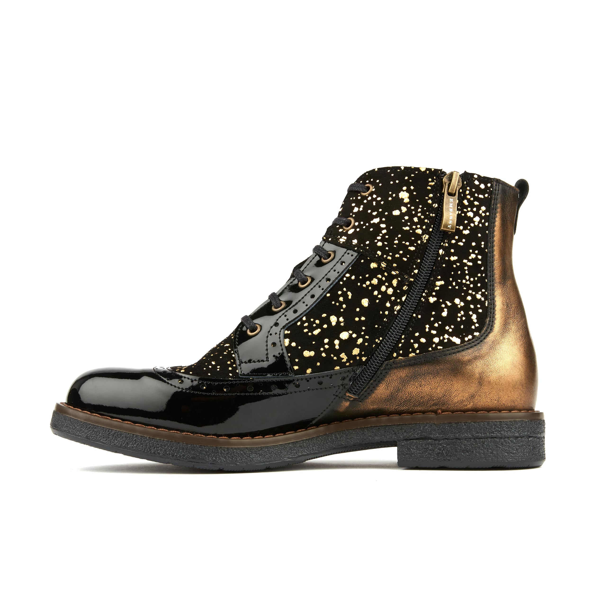 Hatter - Gold Drops - Women's ankle boot in golden paint drops on black leather