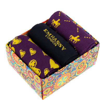 Socktopus - Purple Mix - Women's 3 pack cotton crew socks size UK 3 to 7 in purple