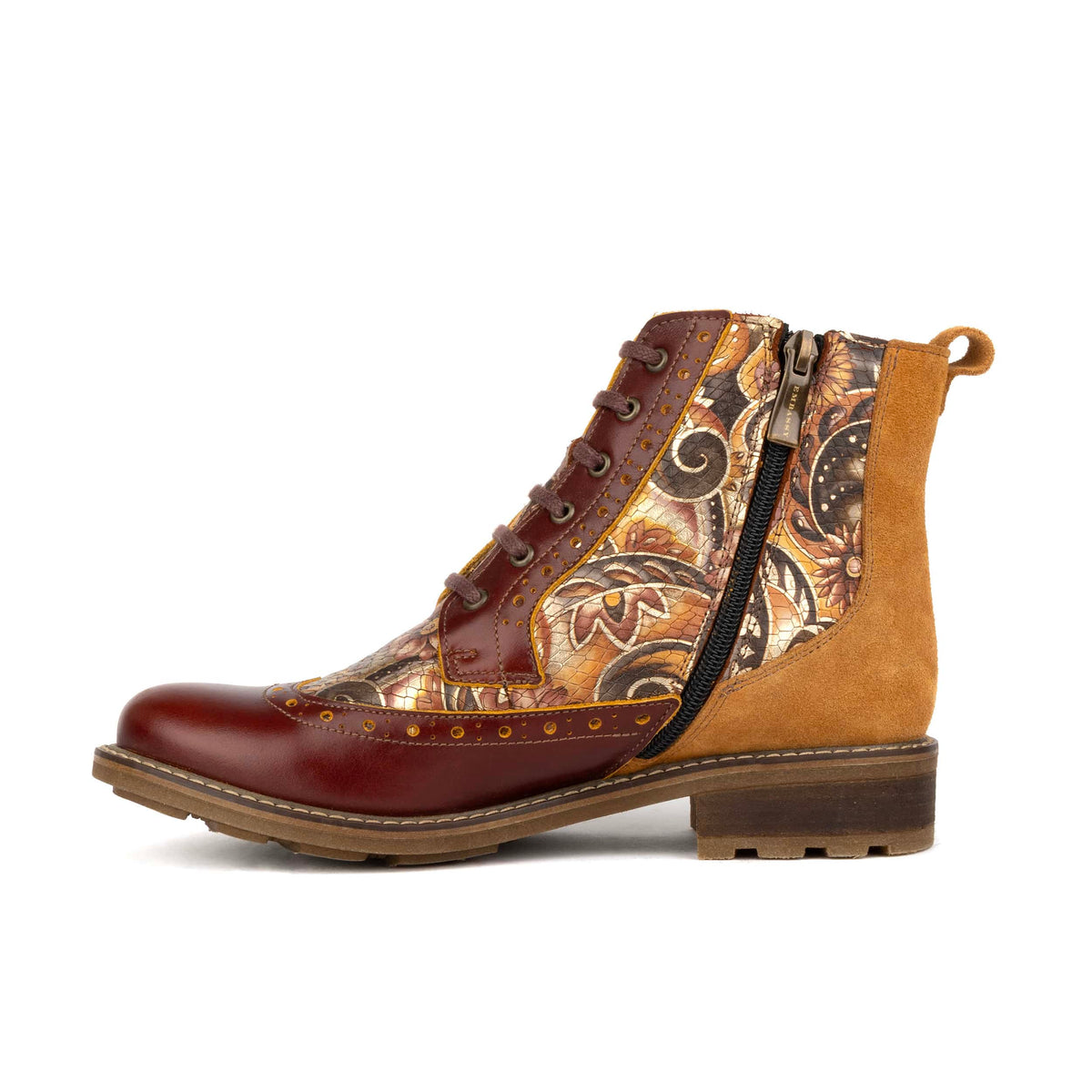 Milliner - Brown & Bronze Gold Flowers - Women's leather round toe rubber sole ankle boot in black