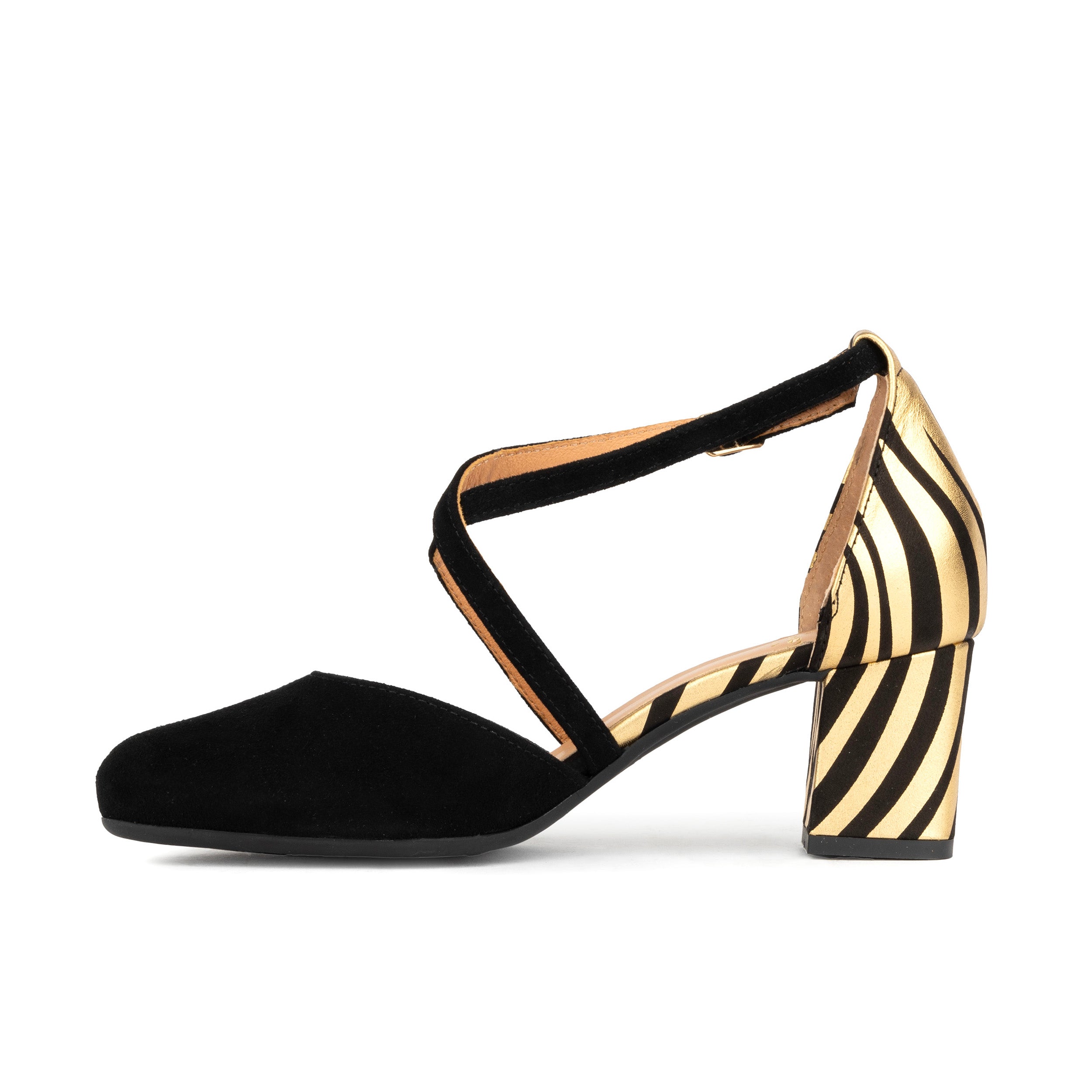 Dannii - Black & Gold Stripes - Women's leather closed-toe block heel with gold foil details