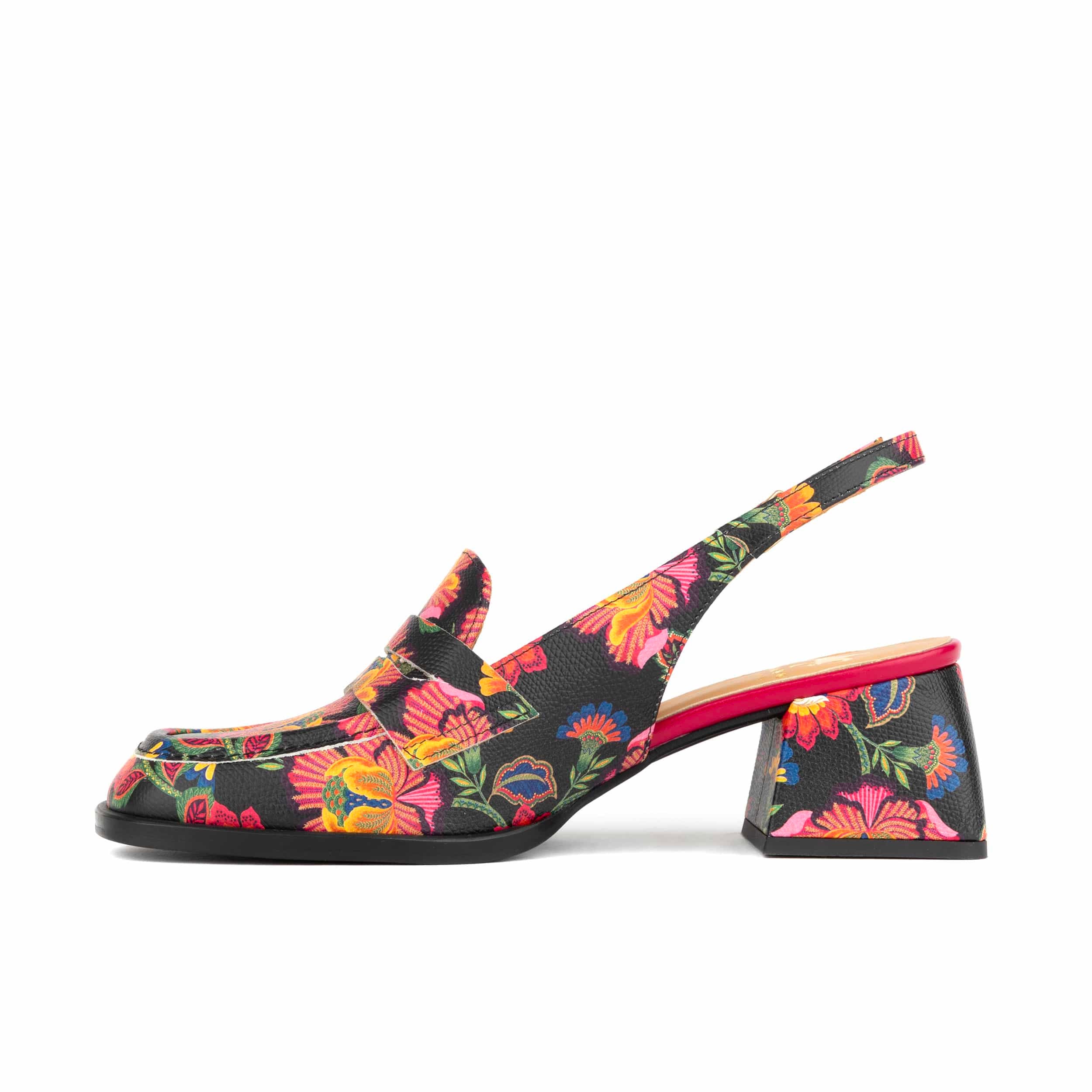 Diana - Red Flowers - Women's block heel slingback leather pump