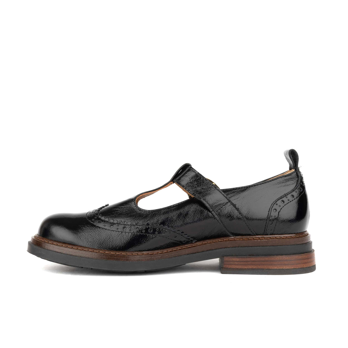 Miley - Black Women's Leather T-Bar Brogue Shoes