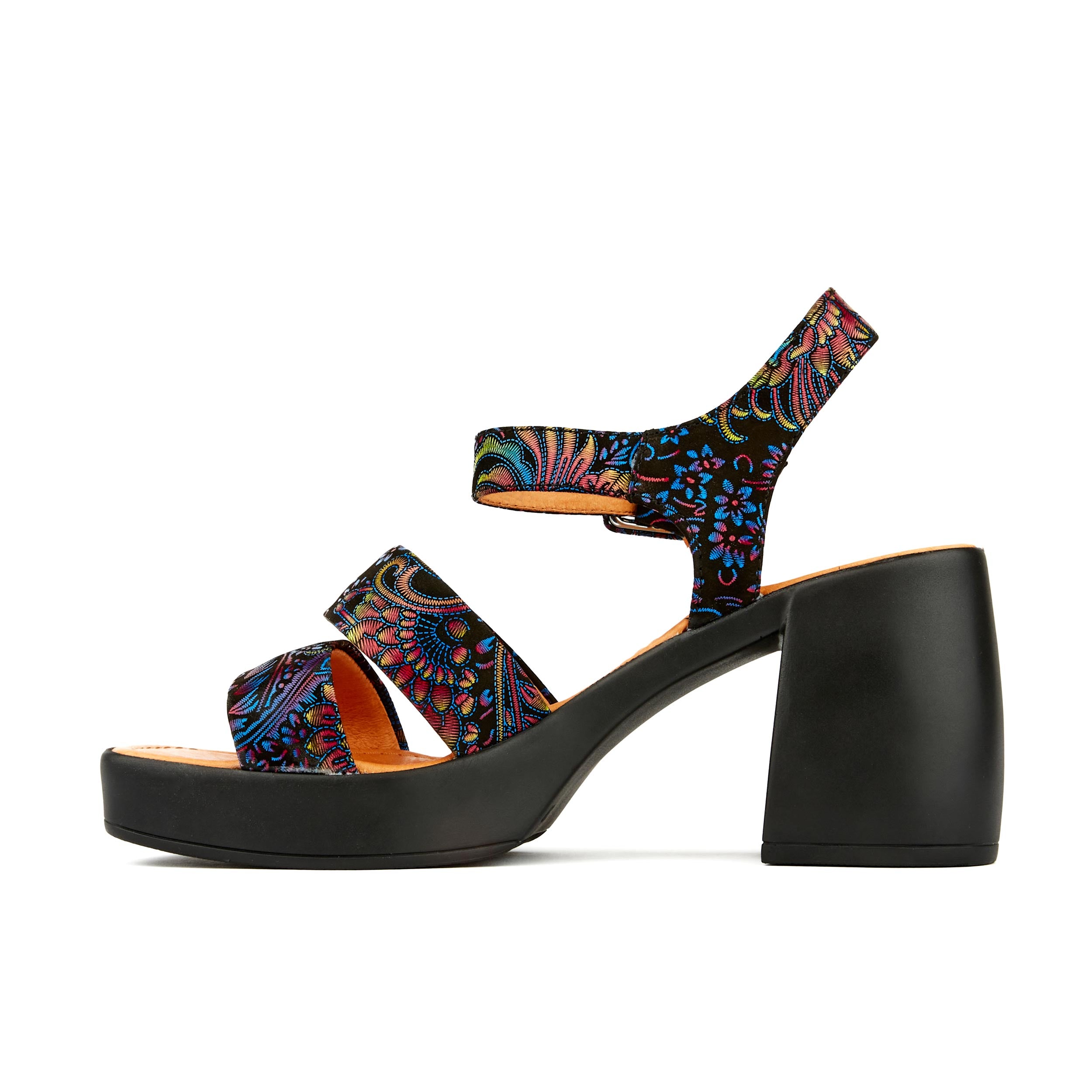 Ritz - Black Blue Feather - Women's platform block heel leather sandal with buckle