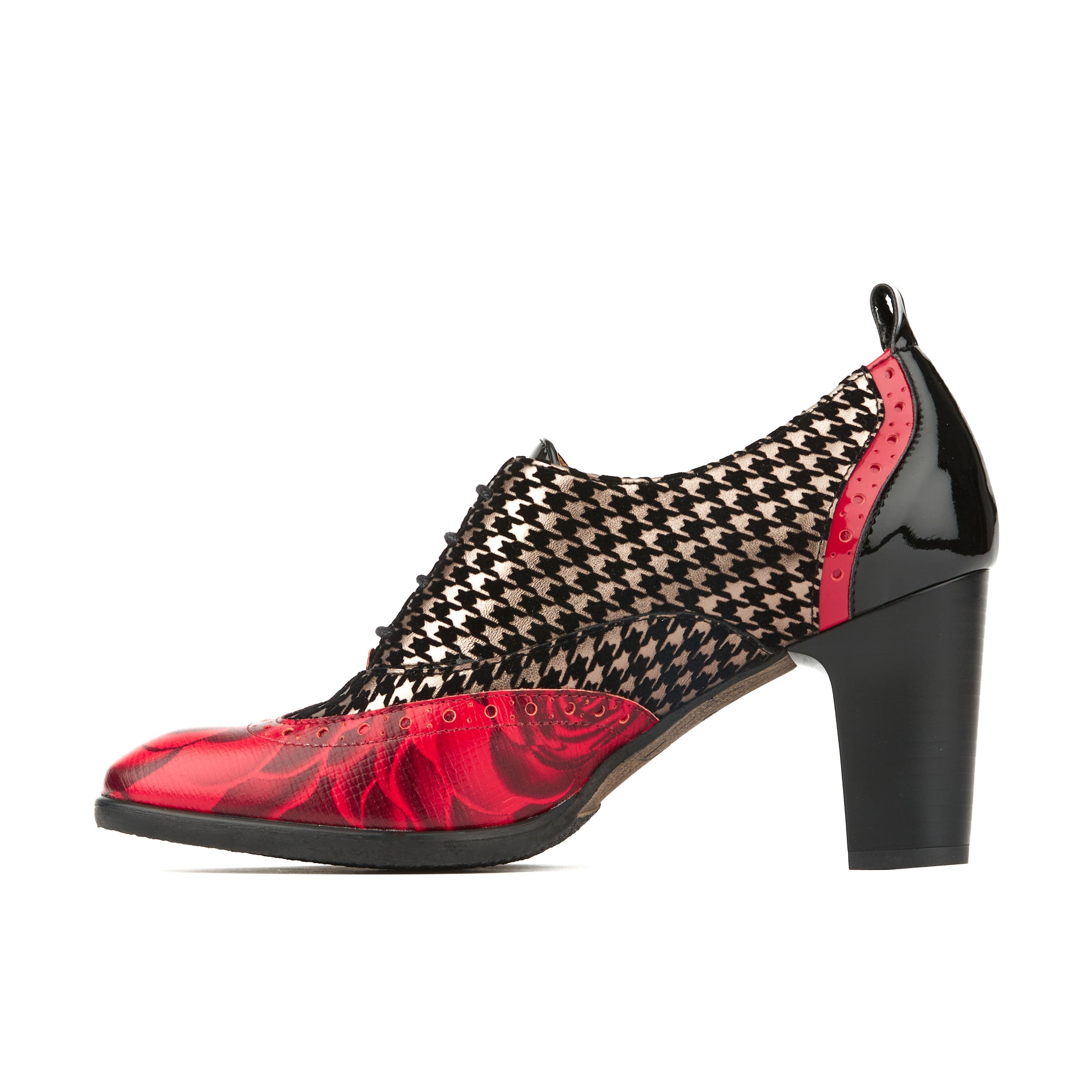 Casino - Red Houndstooth - Women's leather oxford pump in block heel with broguing