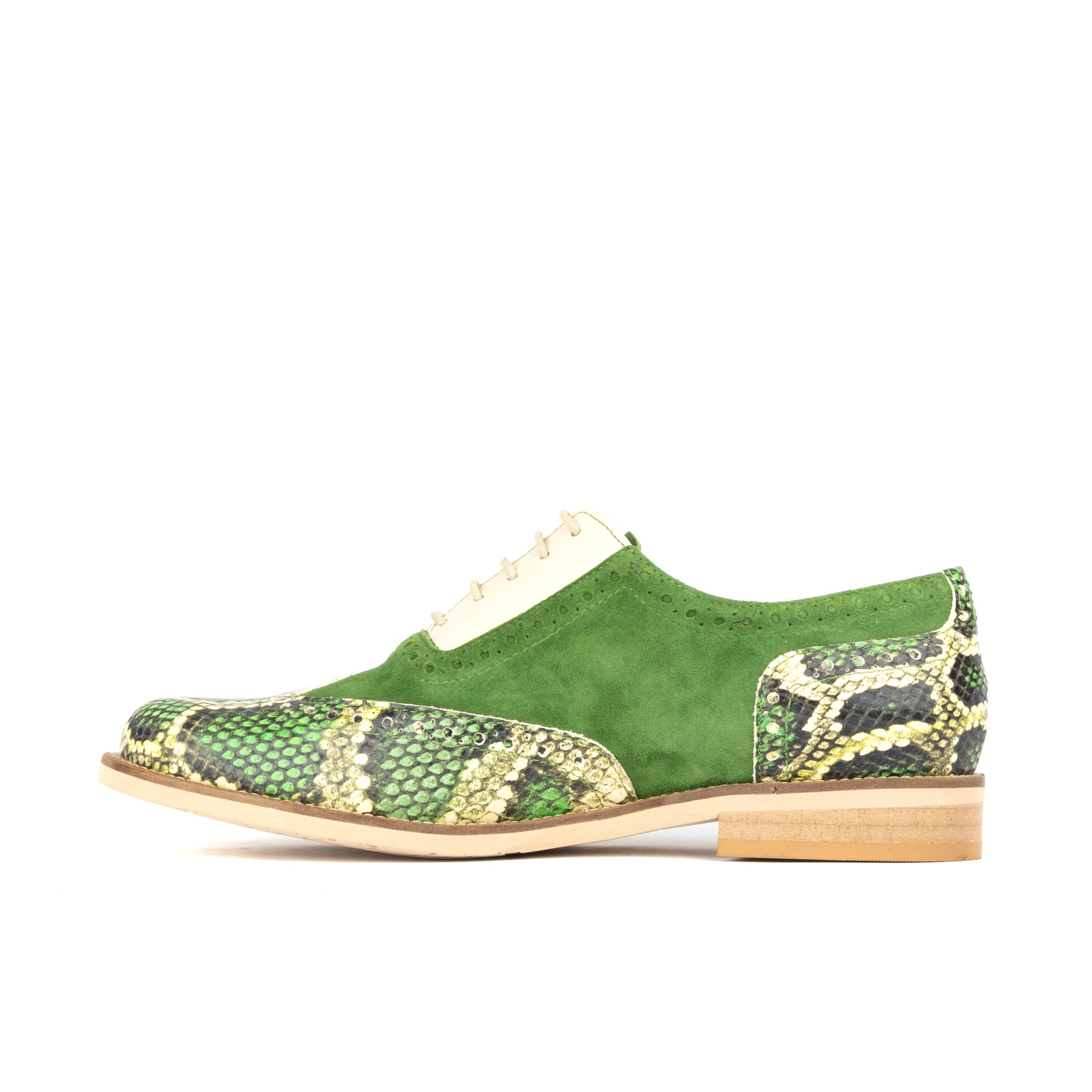 Vivienne - Green Snake - Women's almond toe lace up leather oxfords with broguing