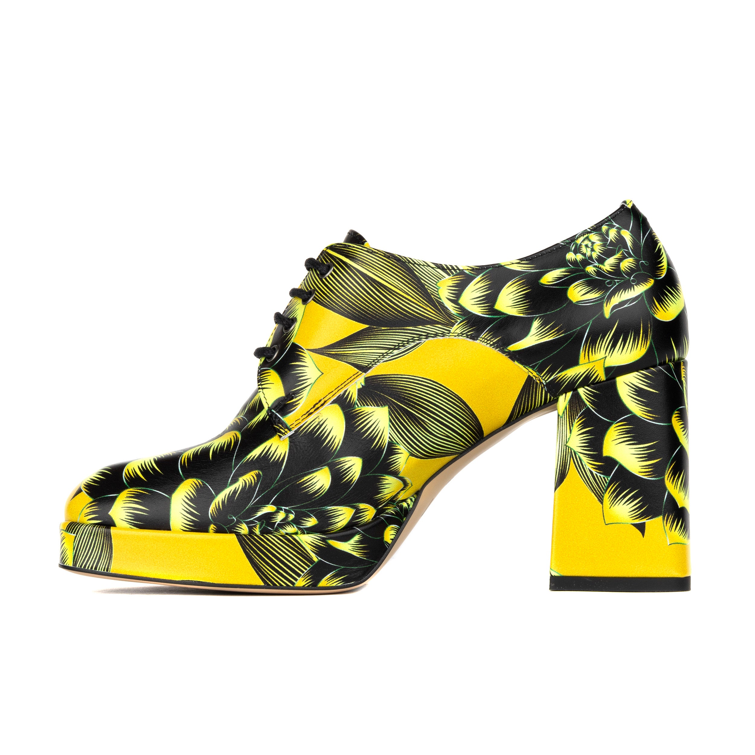 Roulette Platform - Yellow - Women's leather oxford pump with platform and block heel