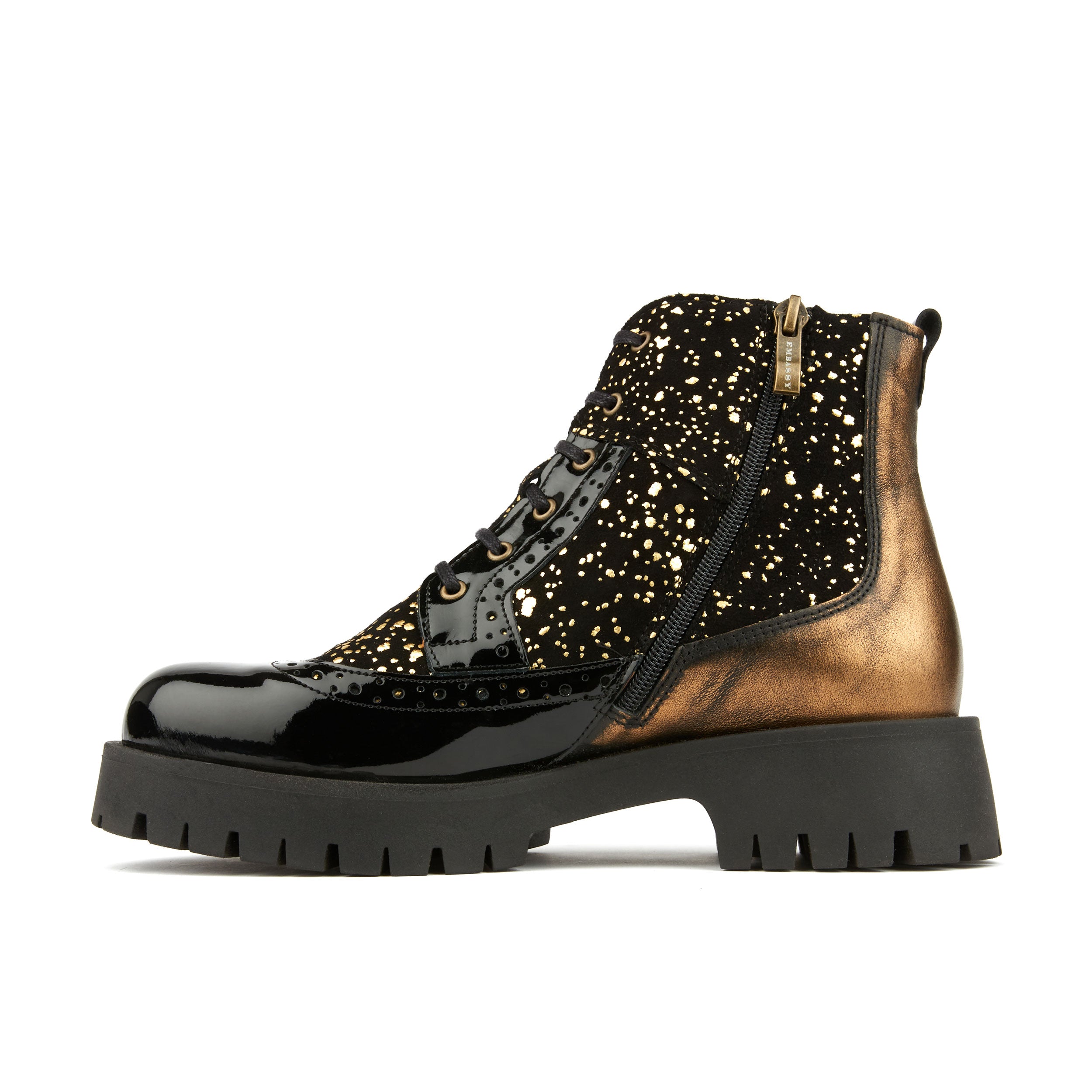 Hatter Platform - Drops - Women's ankle boot in golden paint drops on black leather