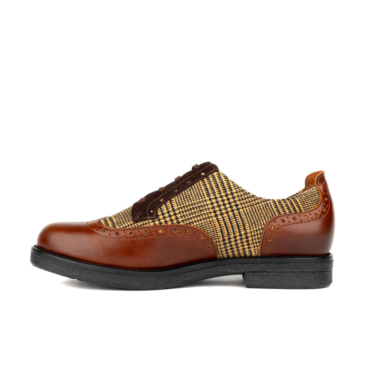 The Artist - Brown & Brown Check - Women's leather lace-up shoe with brogue detailing