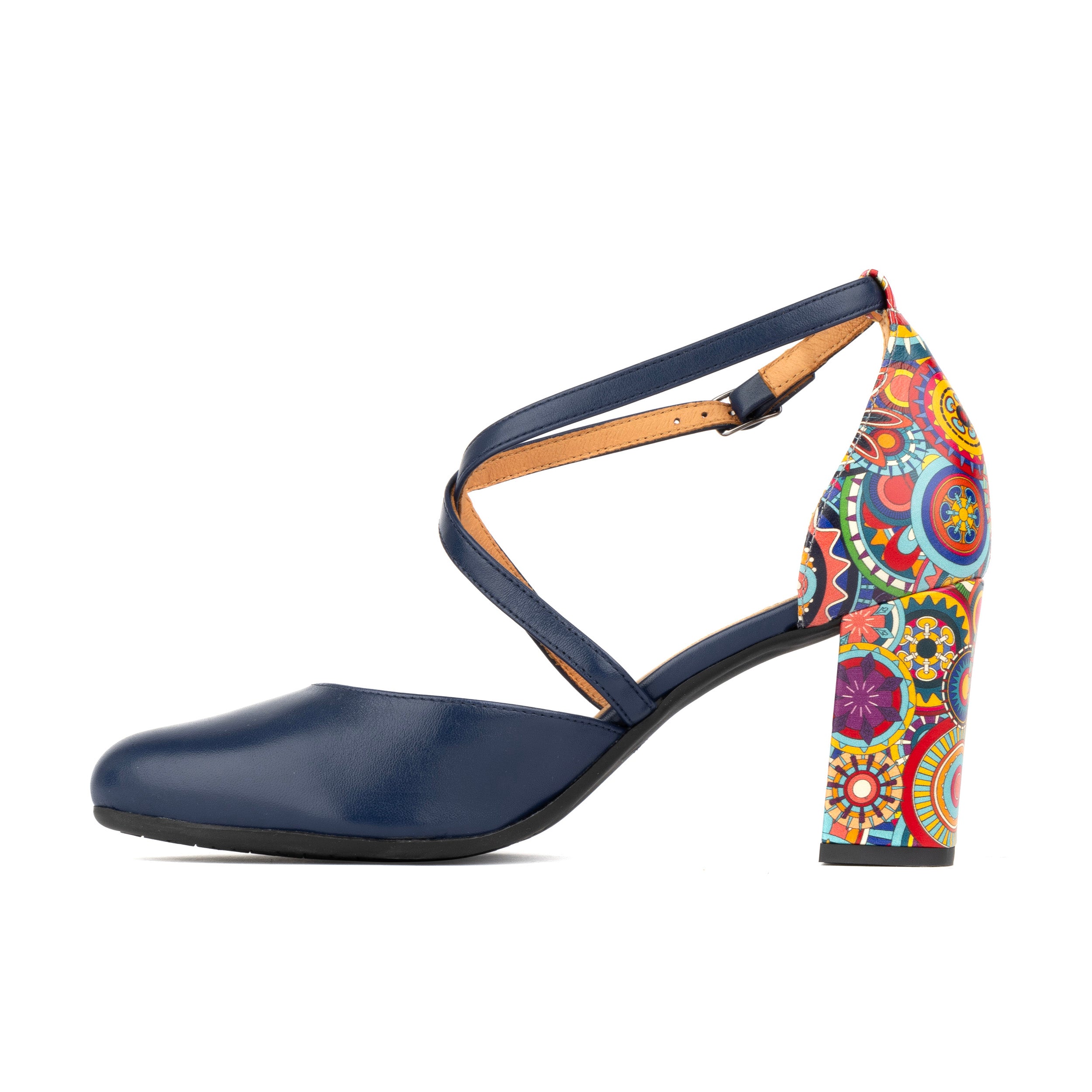 Kylie - Navy & Signature Print - Women's leather strappy 3 inch block heel in navy