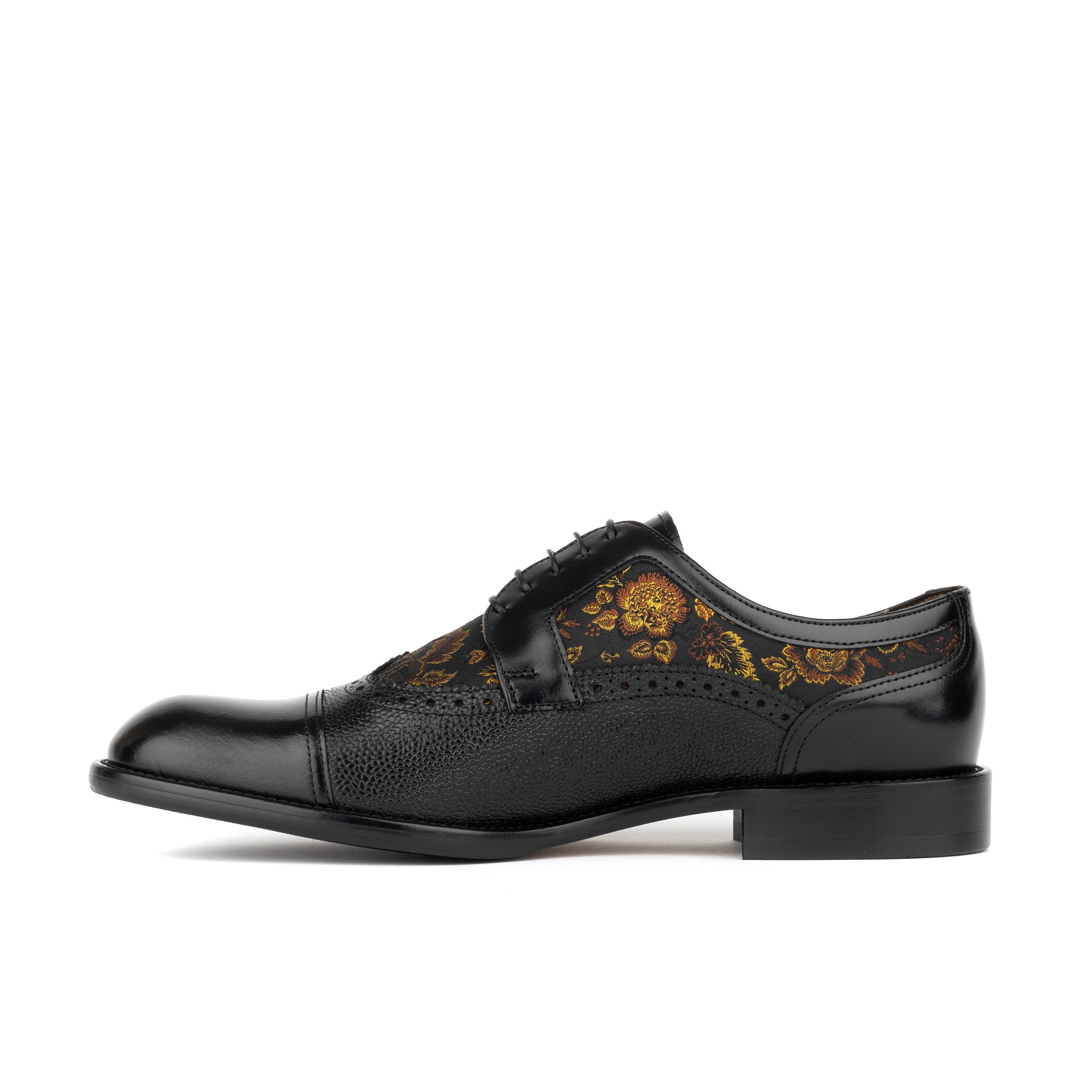 Orlando - Black & Yellow Flowers - Men's toe cap dressy black shoe with flower print leather