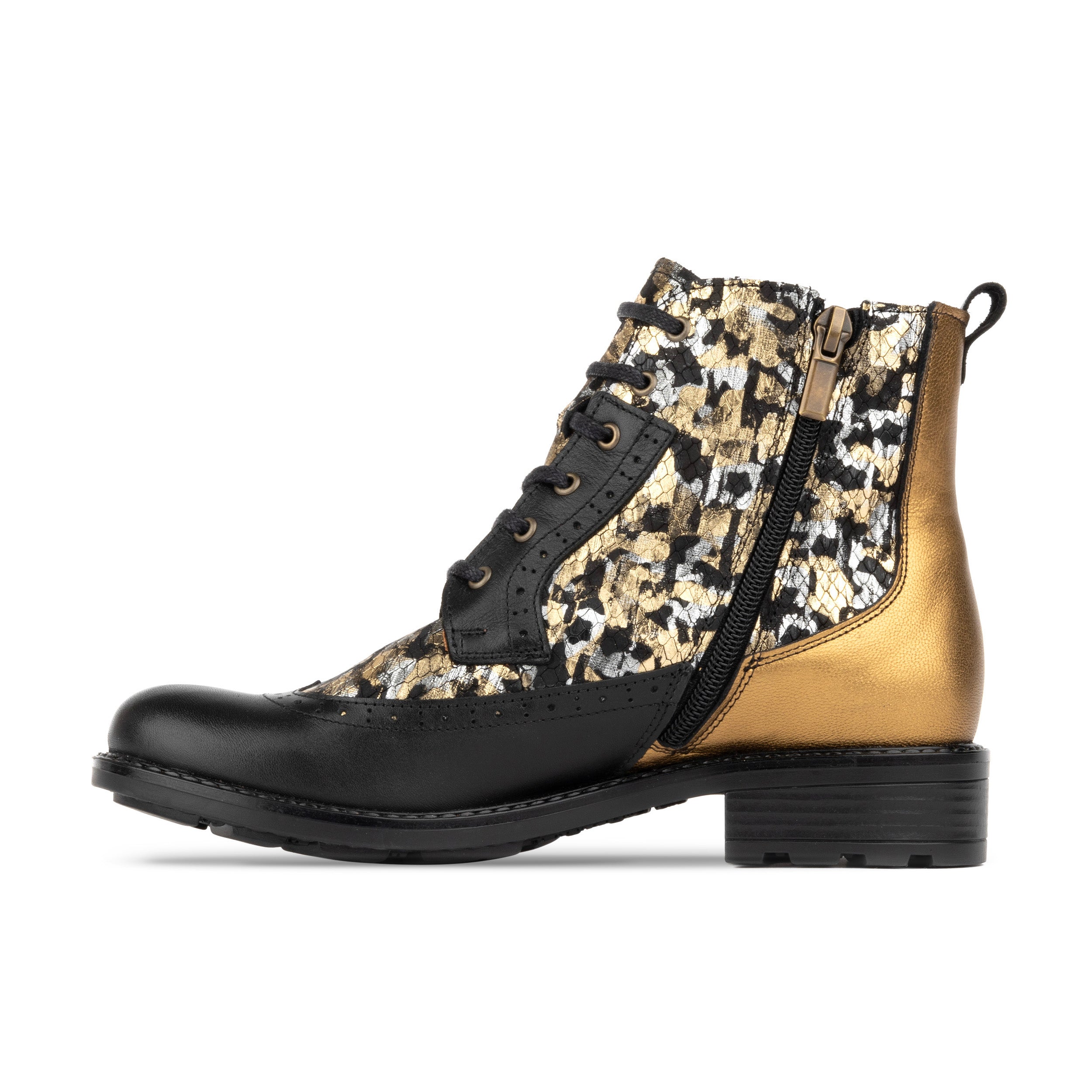 Milliner - Black & Gold - Women's leather round toe side zipper ankle boot in gold