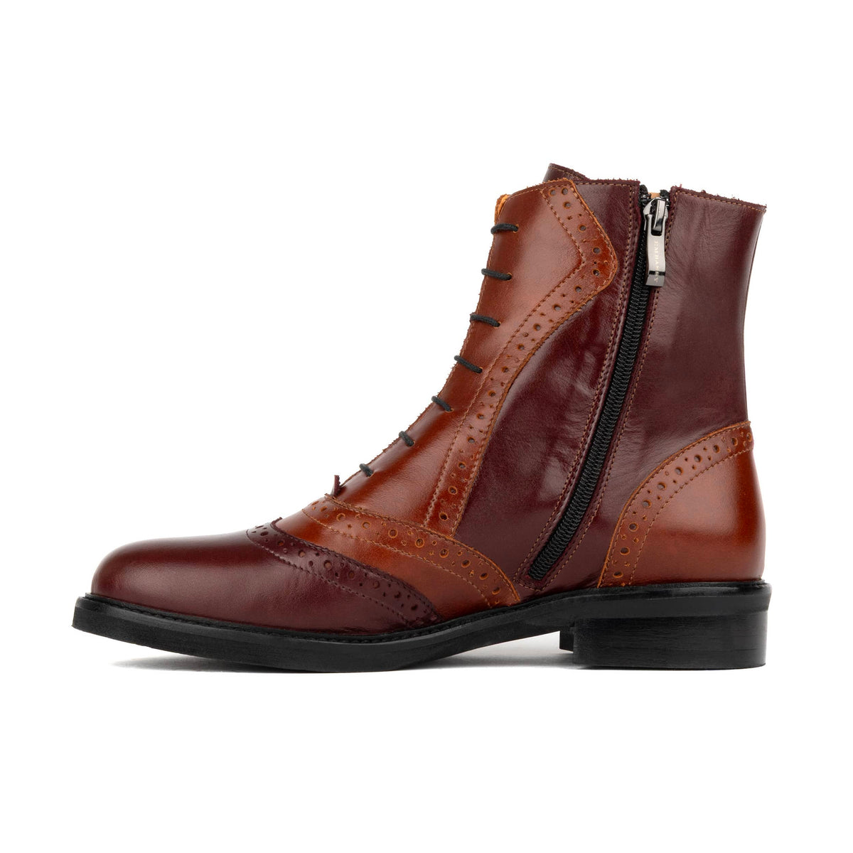 Brick Lane Boots - Brown Mix Women's leather oxford higher ankle boot with brogue detail
