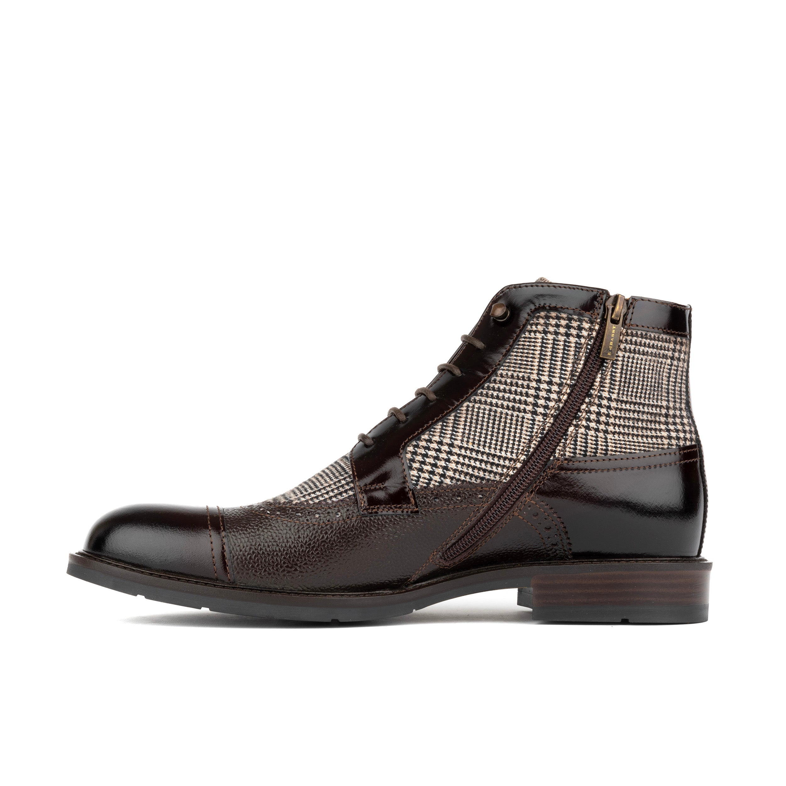 Charles - Brown Check - Men's toe cap dressy leather boot in leather and textile