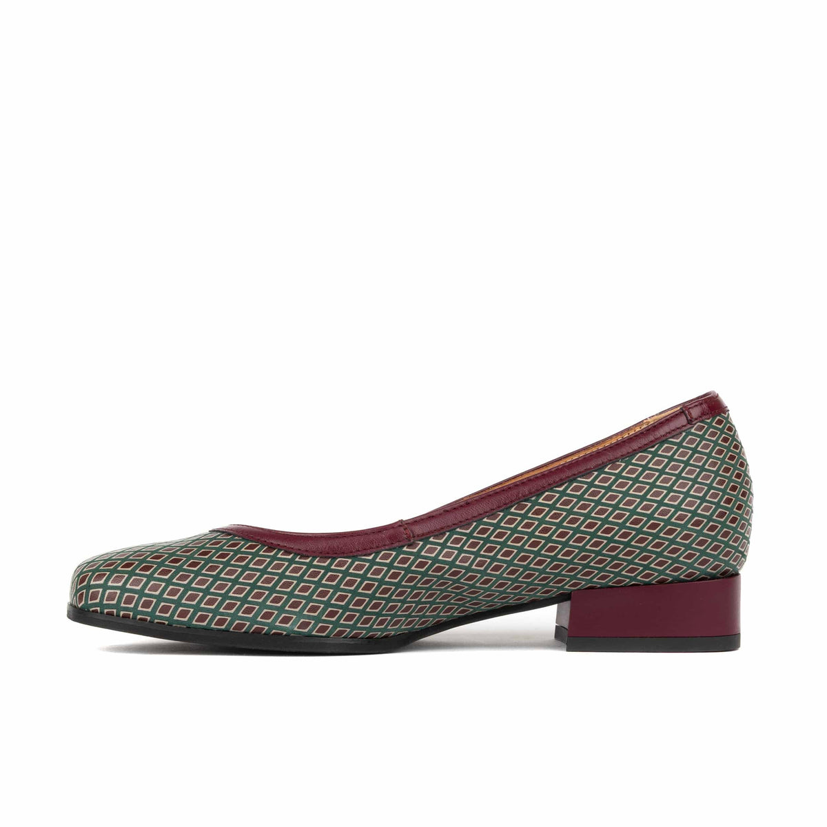 Nirvana - Burgundy & Green Diamond - Womens leather block heel ballerina pumps