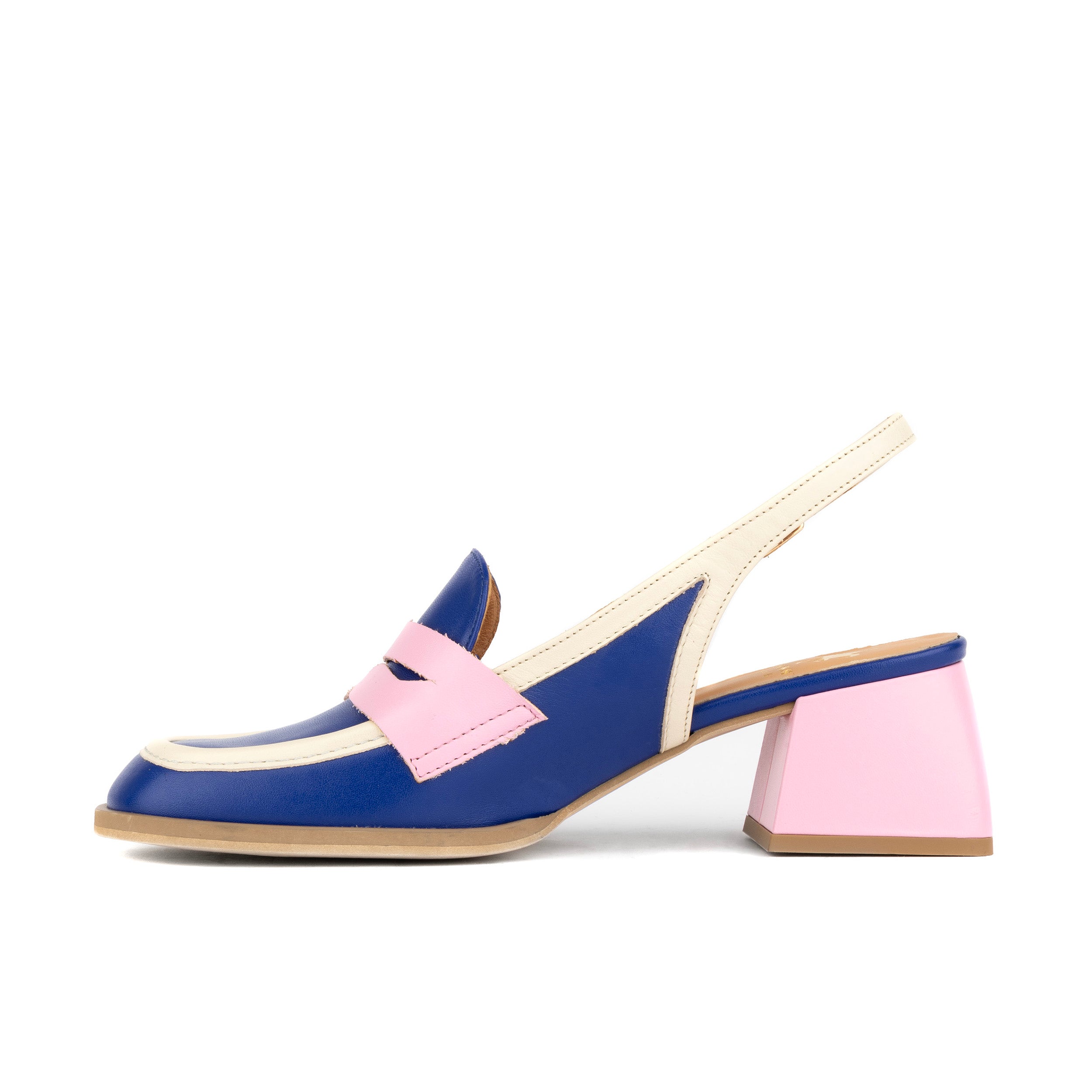 Diana - Blue & Cream & Pink - Women's block heel slingback leather pump