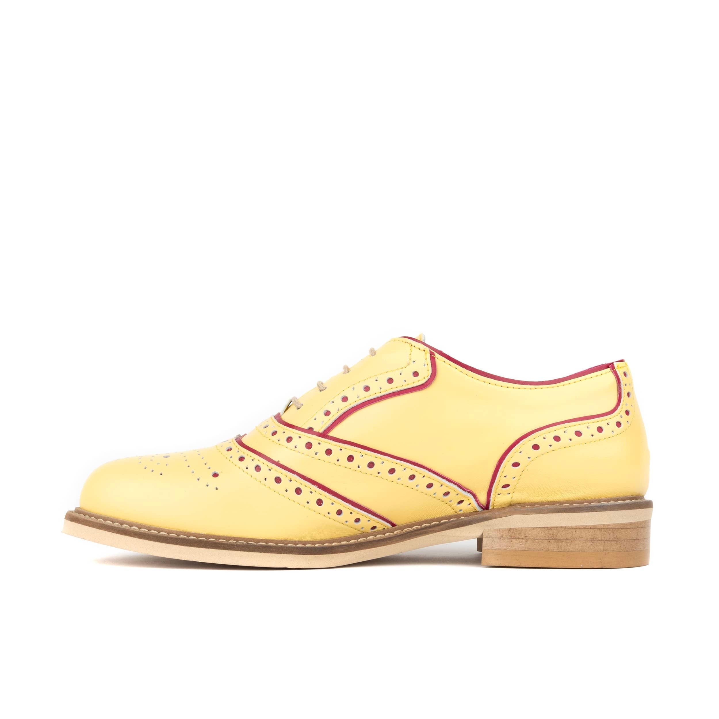Brick Lane - Pastel Yellow - Women's contrast leather lace-up brogue