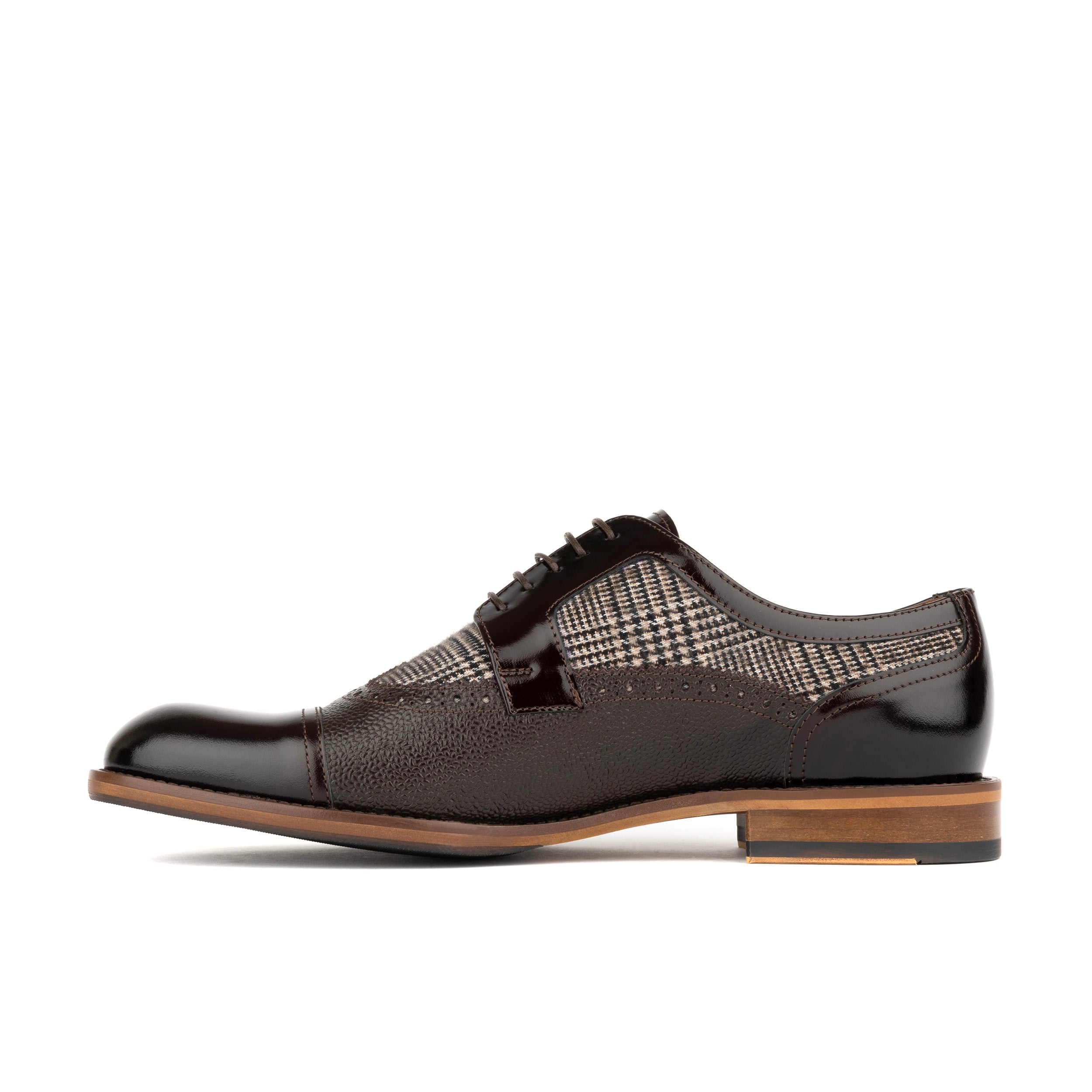 Orlando - Brown Check - Men's toe cap leather dressy shoe with brogue details