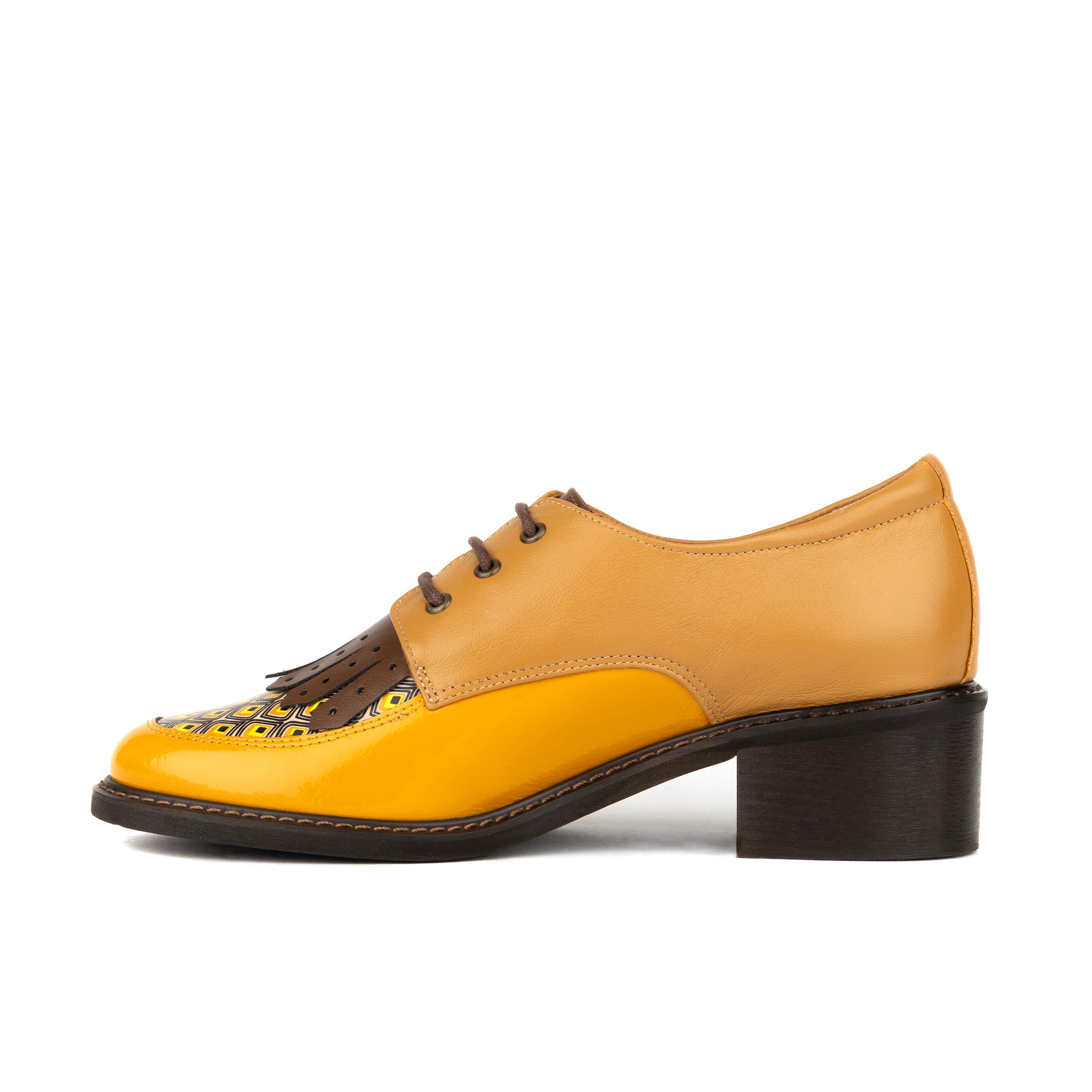 Retro Tone - Yellow & Brown - Women's leather lace-up with signature kiltie detail
