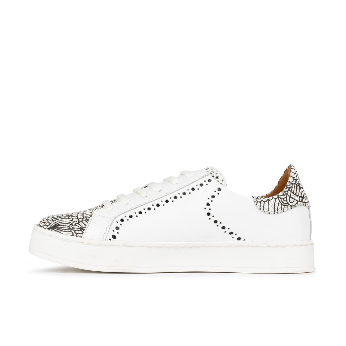 Serena - Black & White & Graphic Print - Women’s Leather Trainer with Brogue Details