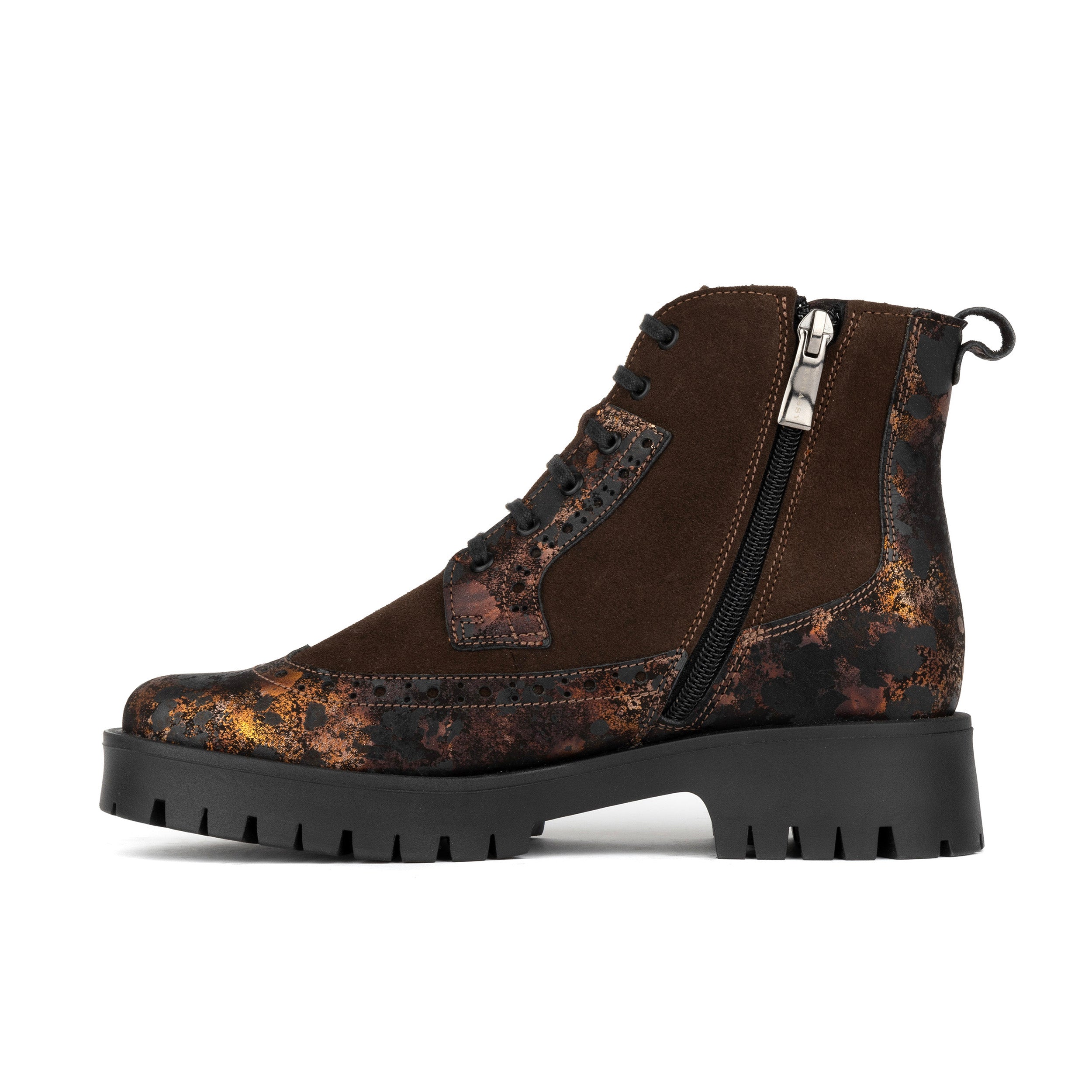 Hatter Platform - Brown Metal - Women's Leather and brushed nubuck suede Ankle Lace-up Boot with chunky cleated sole