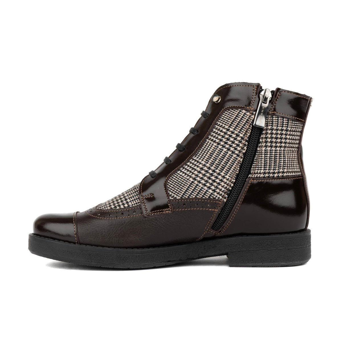 Modiste - Brown & Brown Check - Women's Leather & Tweed Check Lace-Up Ankle Boots