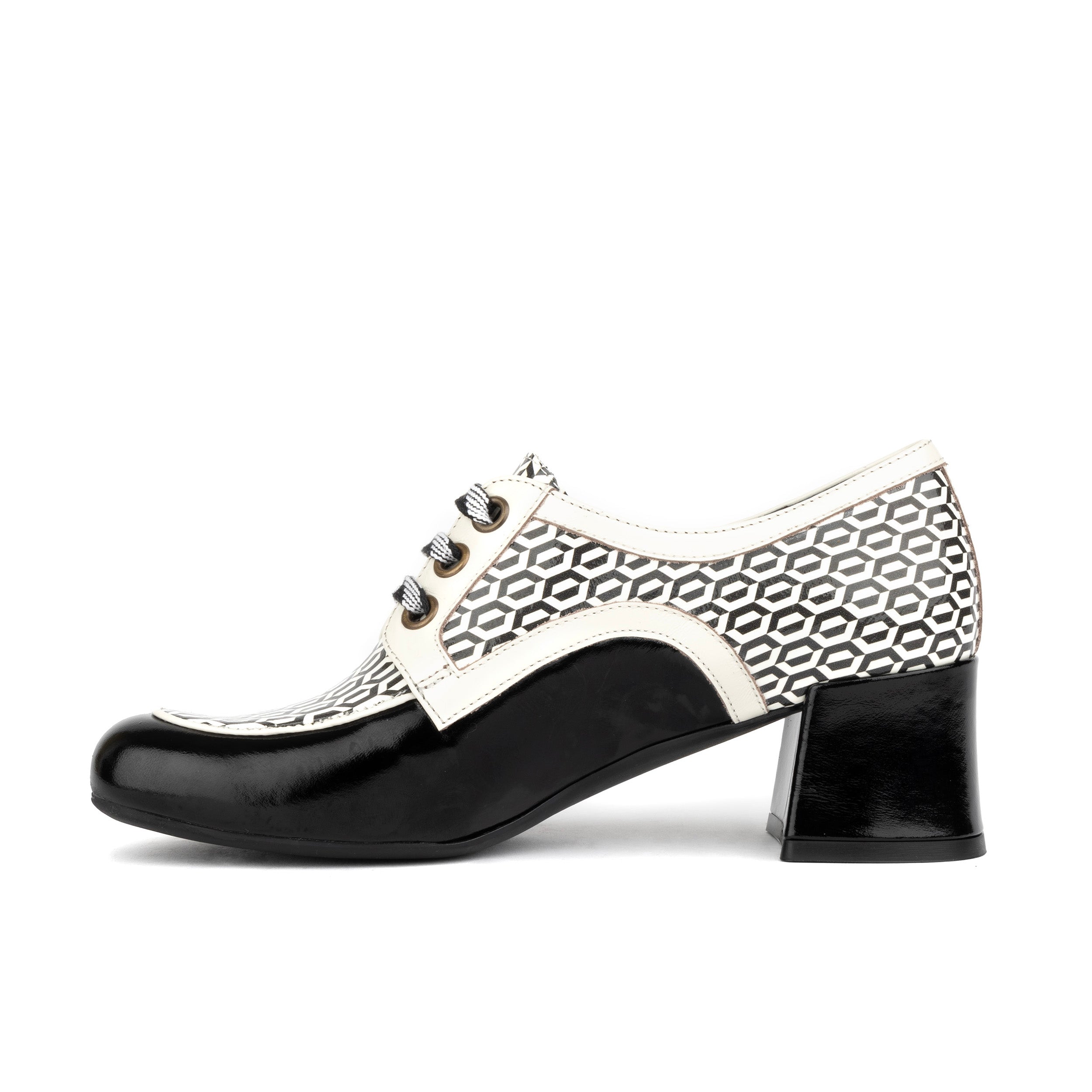 Sovereign - Black & white Optical - Women's leather lace up shoe with block heel